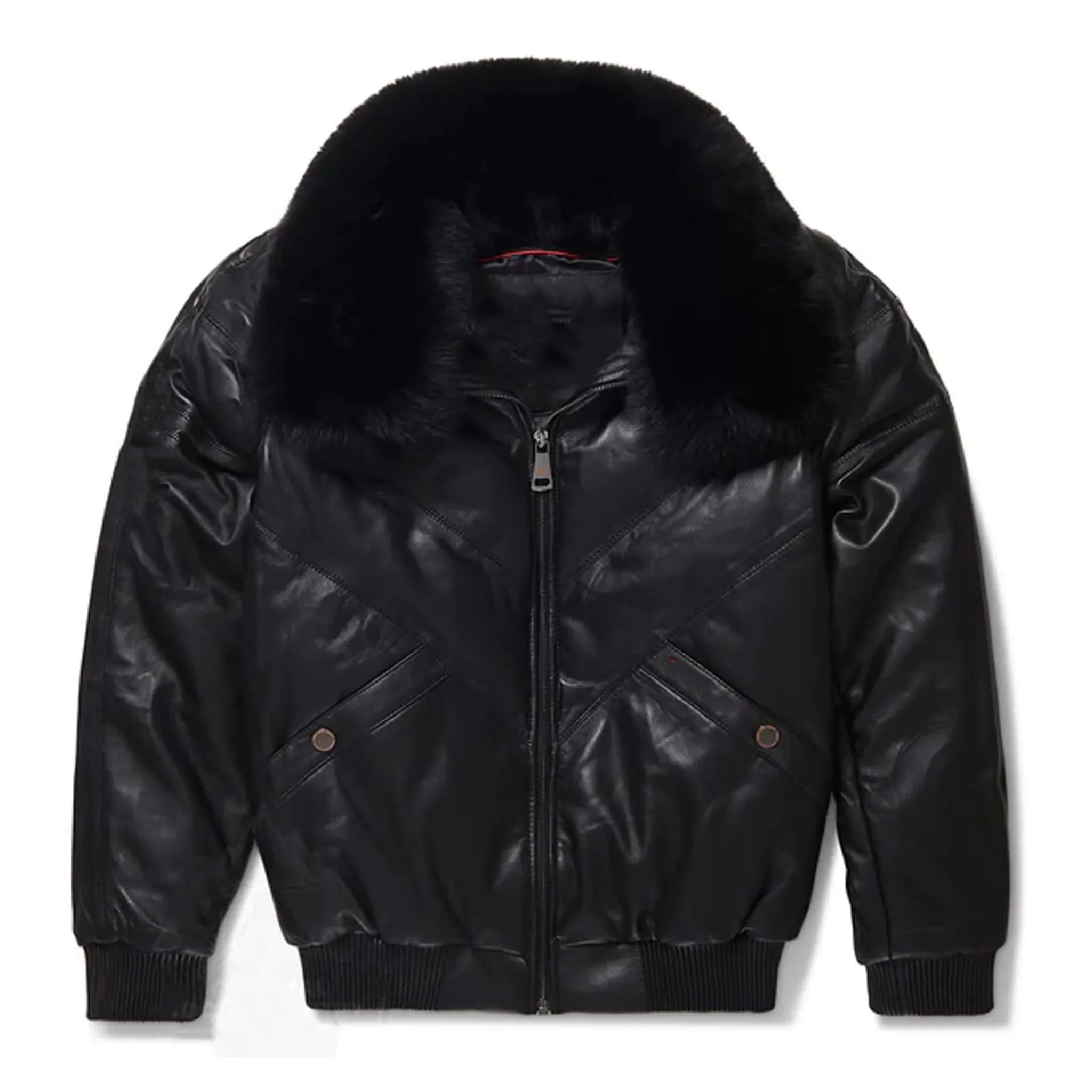 Black V-Bomber Lambskin Bubble Jacket with Fur Collar
