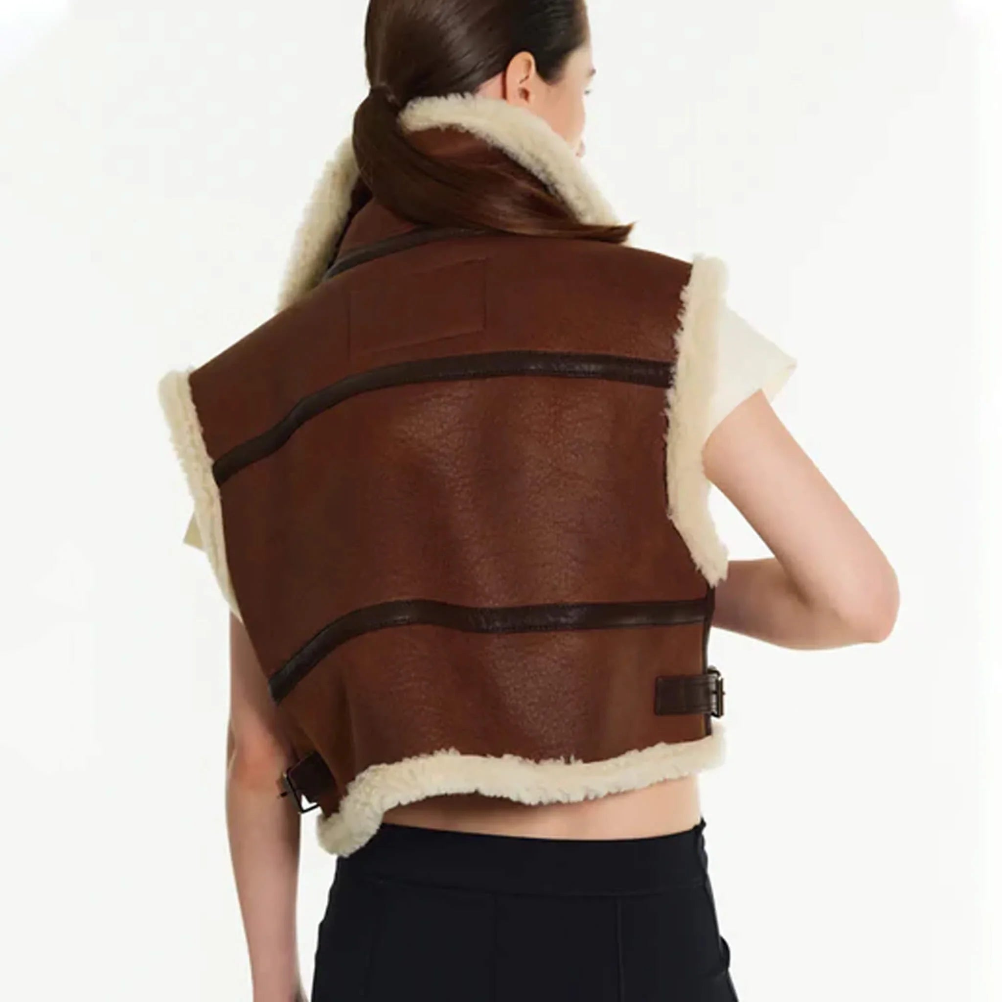 Women’s Brown Shearling Aviator Leather Vest Sheepskin Trim