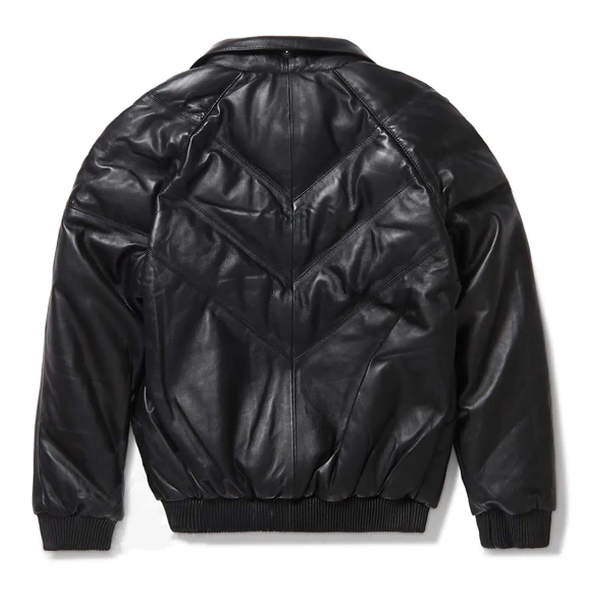 Black V-Bomber Lambskin Bubble Jacket with Fur Collar