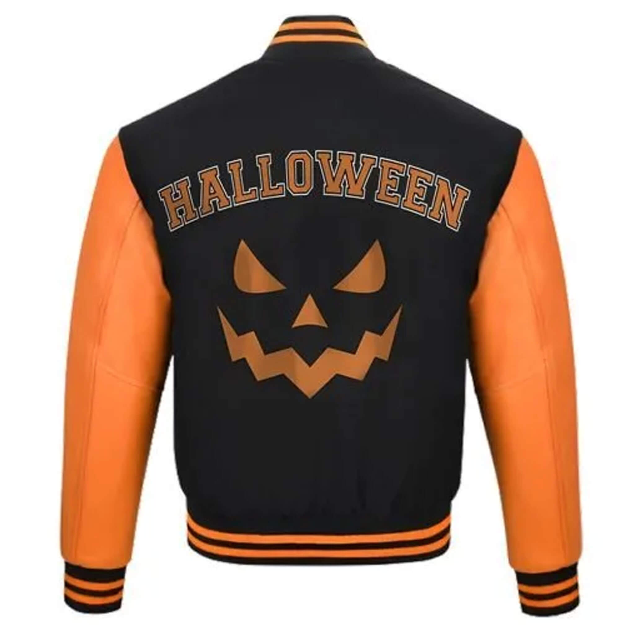 Pumpkin Themed Varsity Jacket for Halloween – Black & Orange