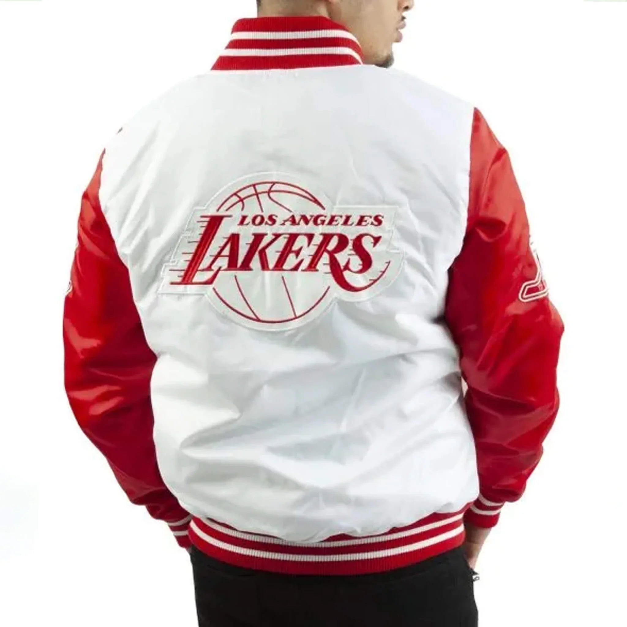 Men’s Lakers White Red Satin Jacket – Official NBA Gear