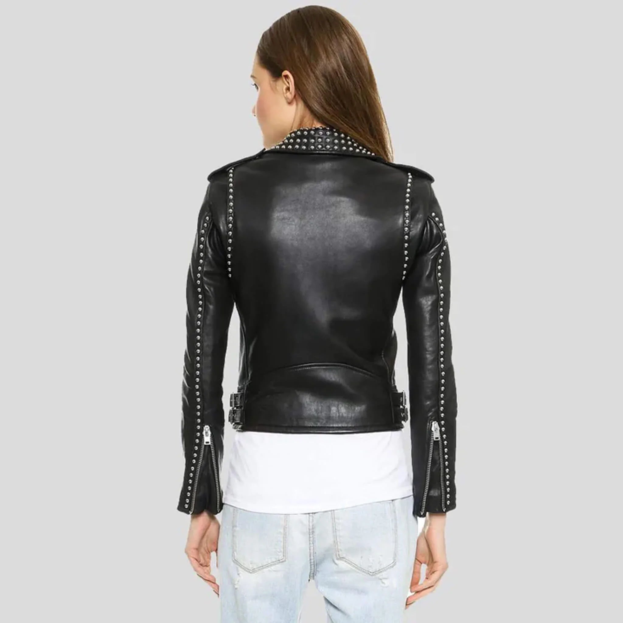Rebelia Women’s Black Studded Lambskin Biker Jacket