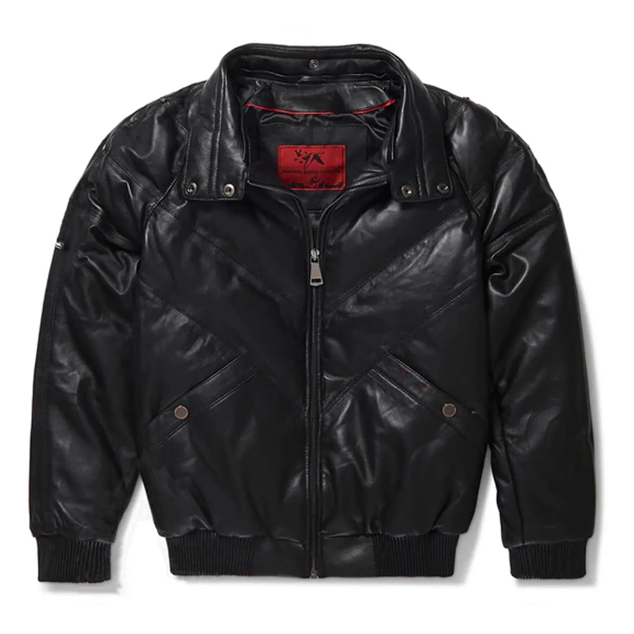 Black V-Bomber Lambskin Bubble Jacket with Fur Collar