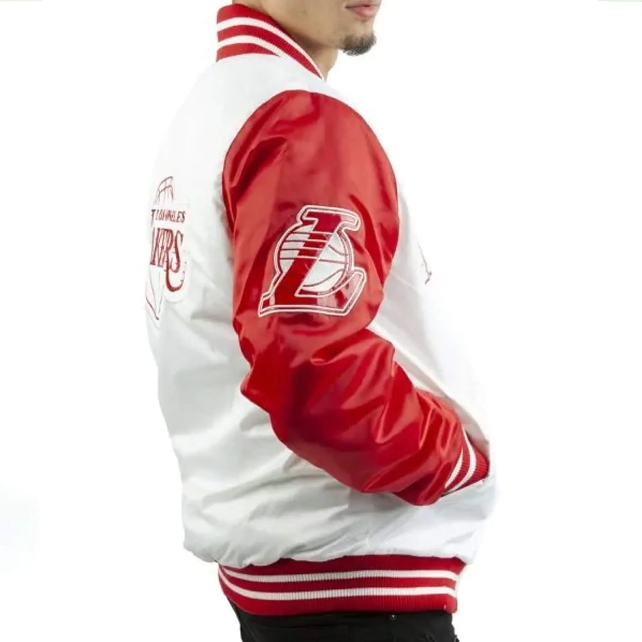 Men’s Lakers White Red Satin Jacket – Official NBA Gear