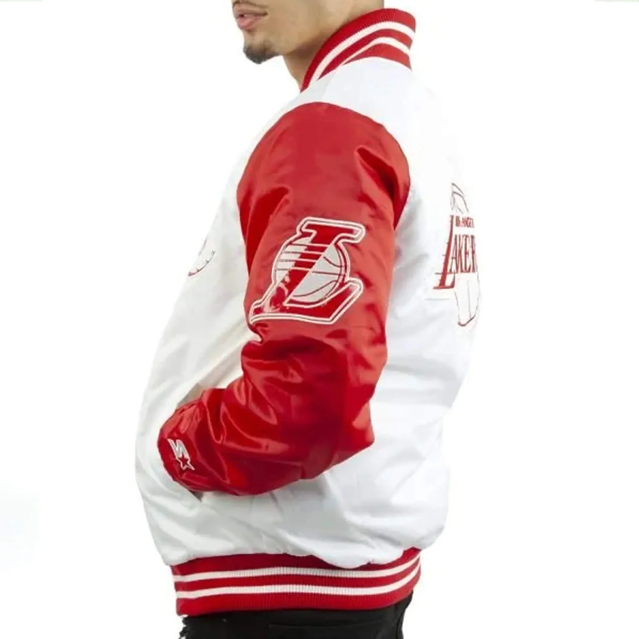 Men’s Lakers White Red Satin Jacket – Official NBA Gear
