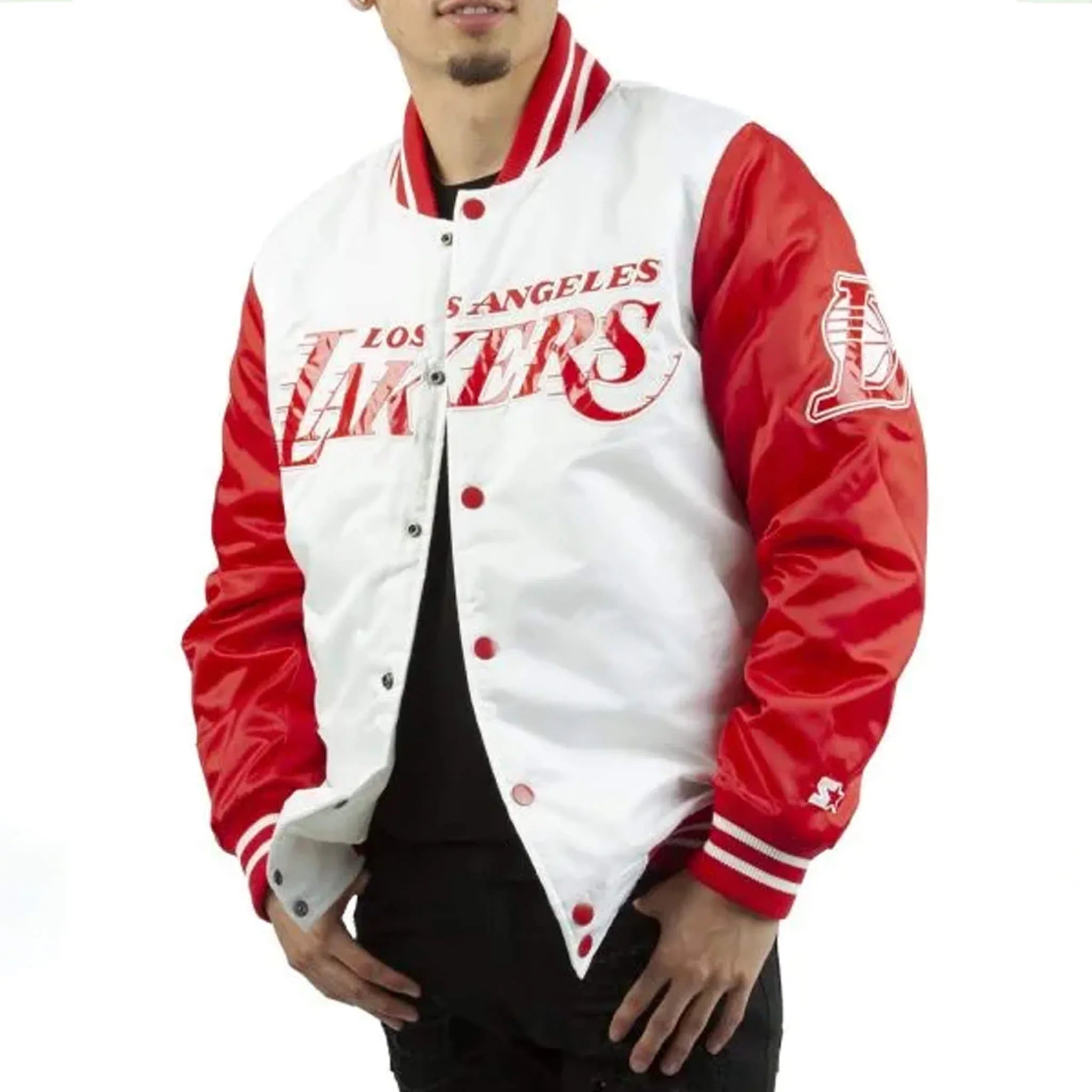 Men’s Lakers White Red Satin Jacket – Official NBA Gear