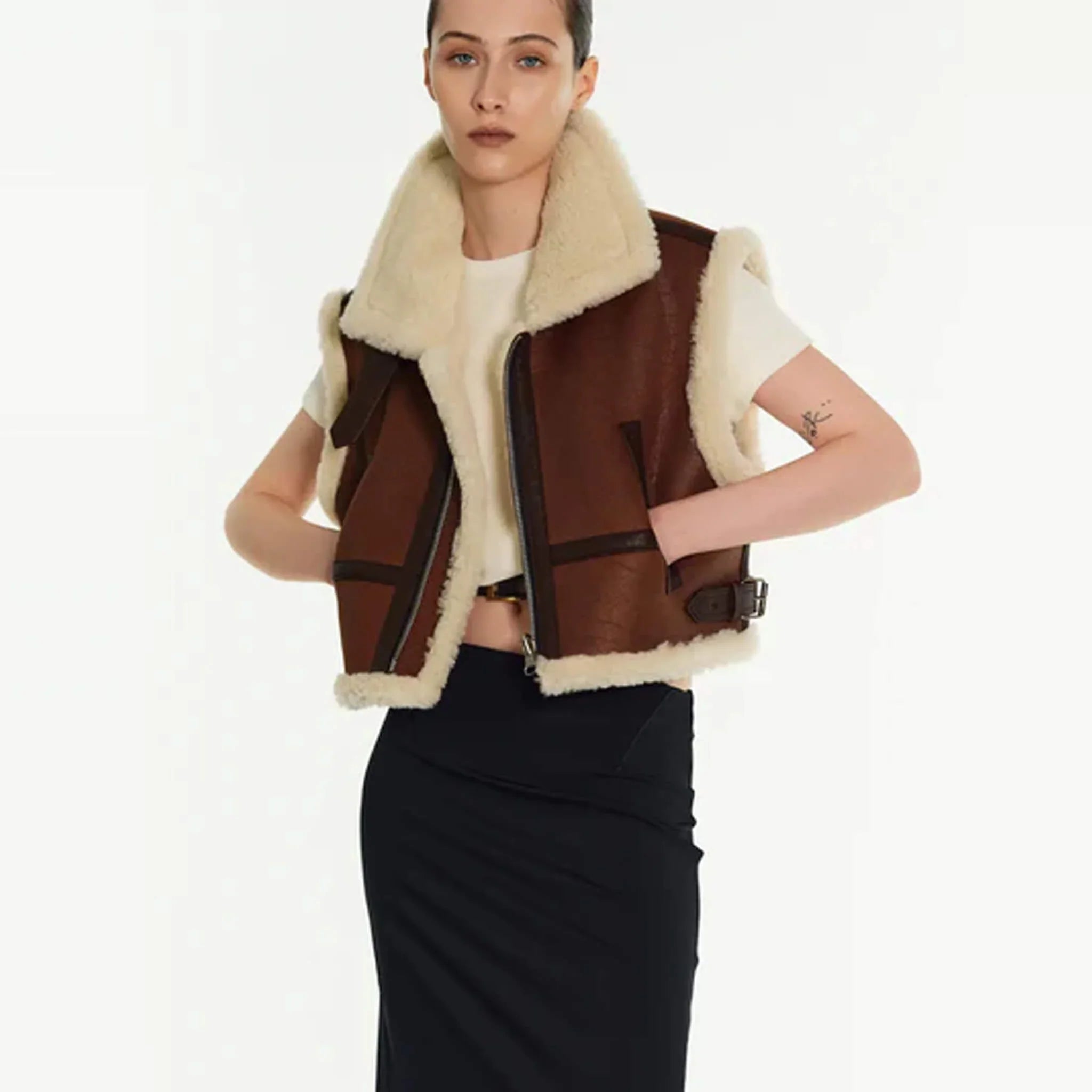 Women’s Brown Shearling Aviator Leather Vest Sheepskin Trim