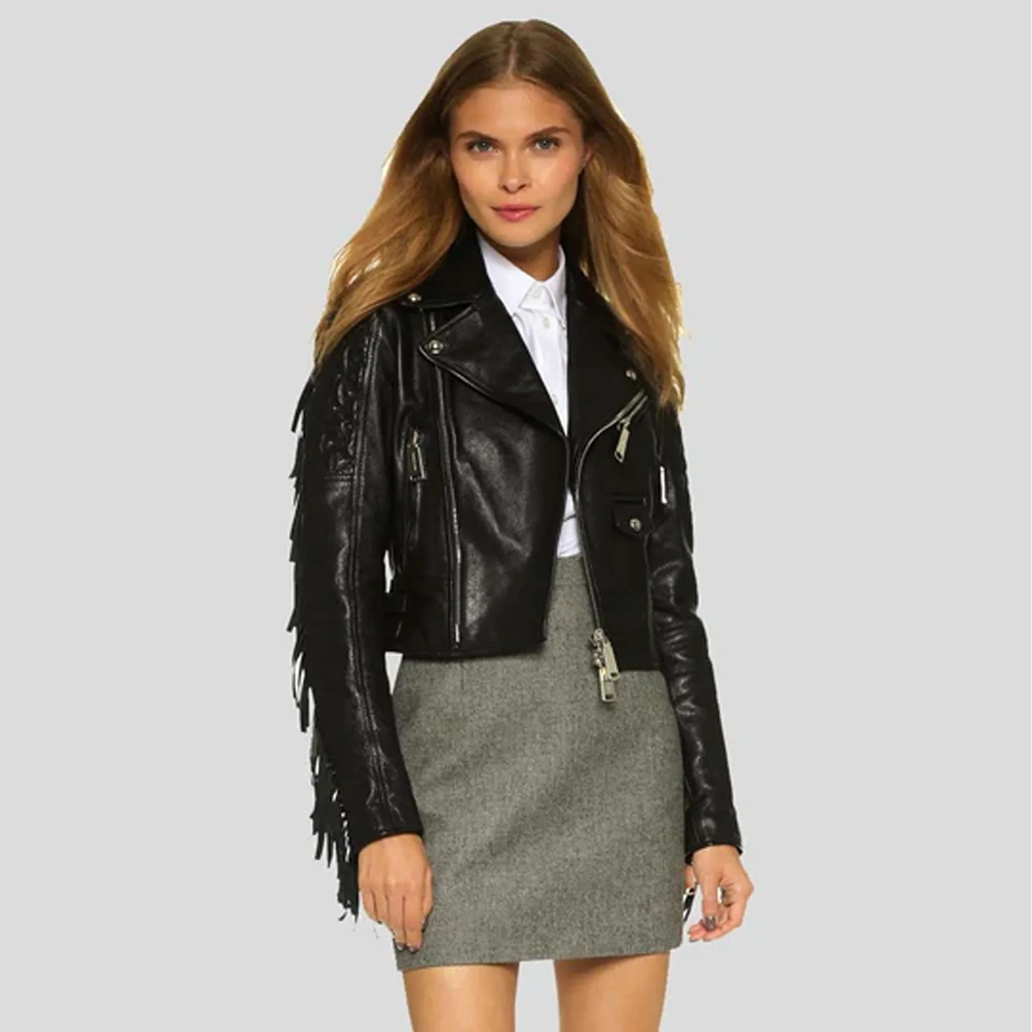 Velvra Black Fringe Leather Biker Jacket
