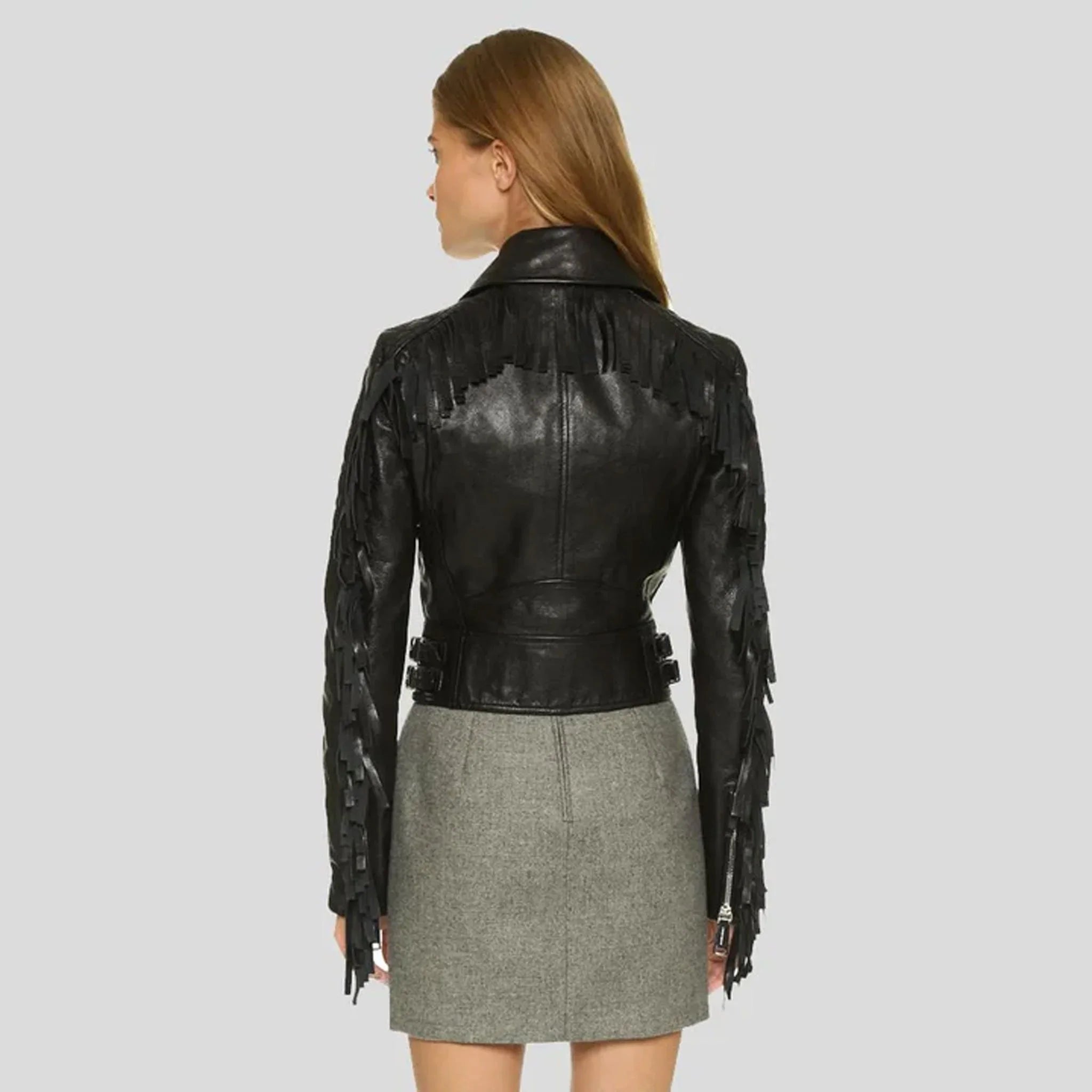 Velvra Black Fringe Leather Biker Jacket