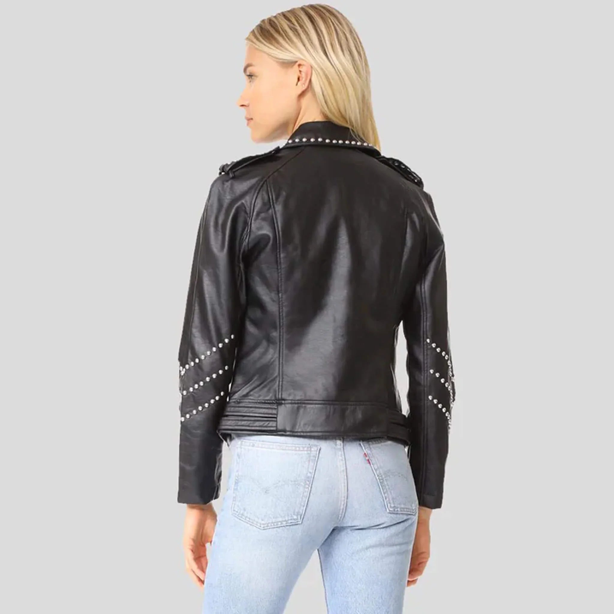 Raven Black Studded Lambskin Leather Jacket for Women