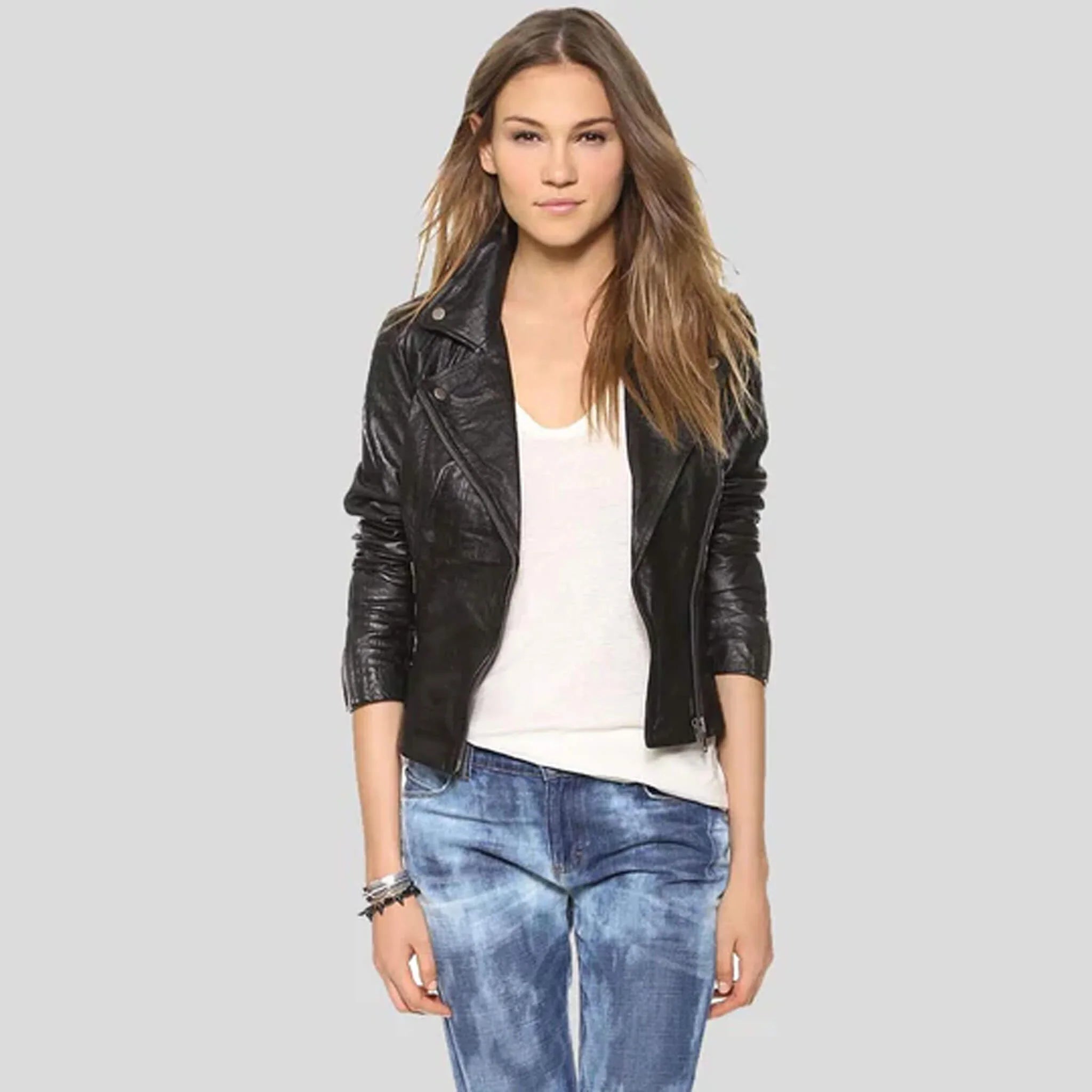 Zyra Croc-Textured Black Leather Moto Jacket