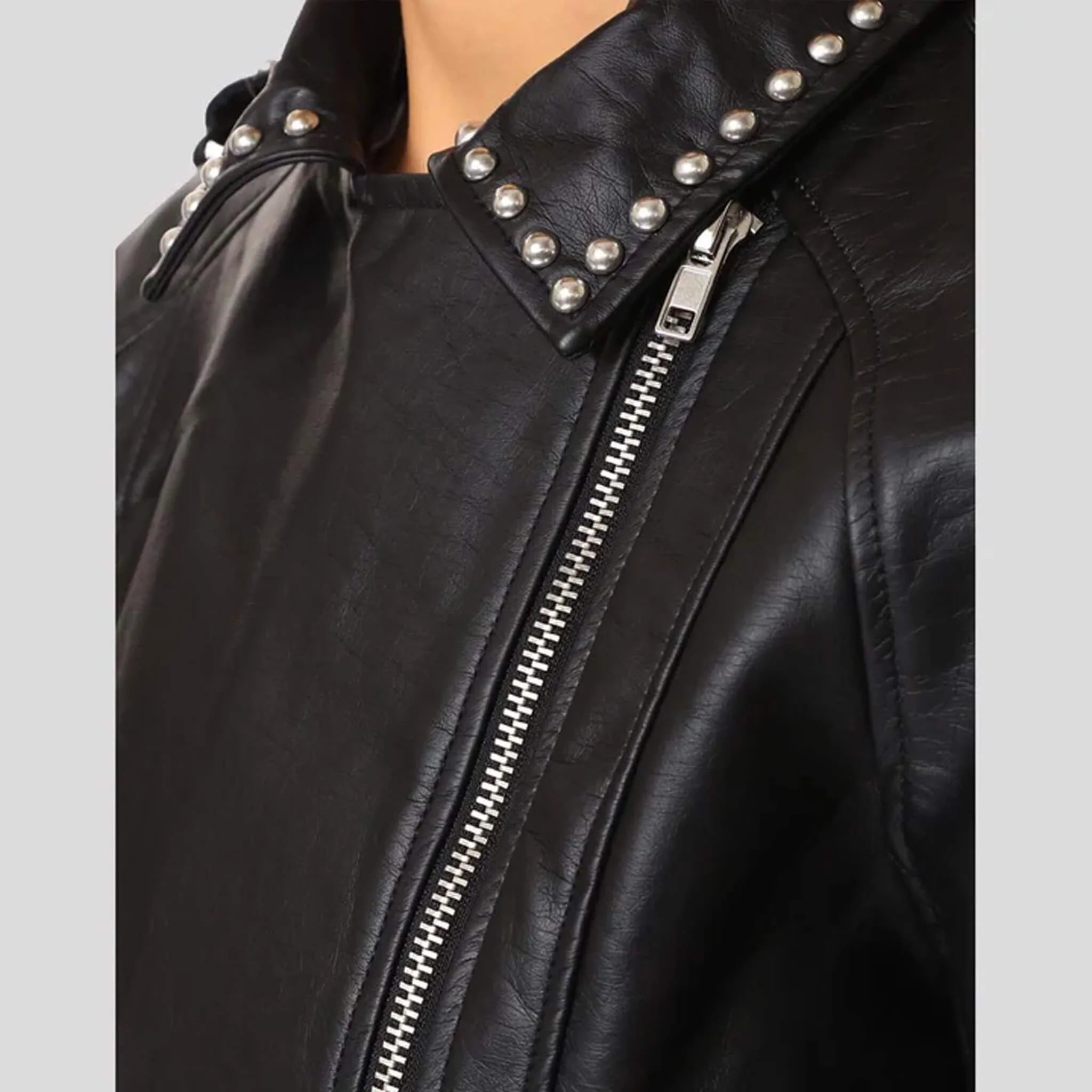 Raven Black Studded Lambskin Leather Jacket for Women