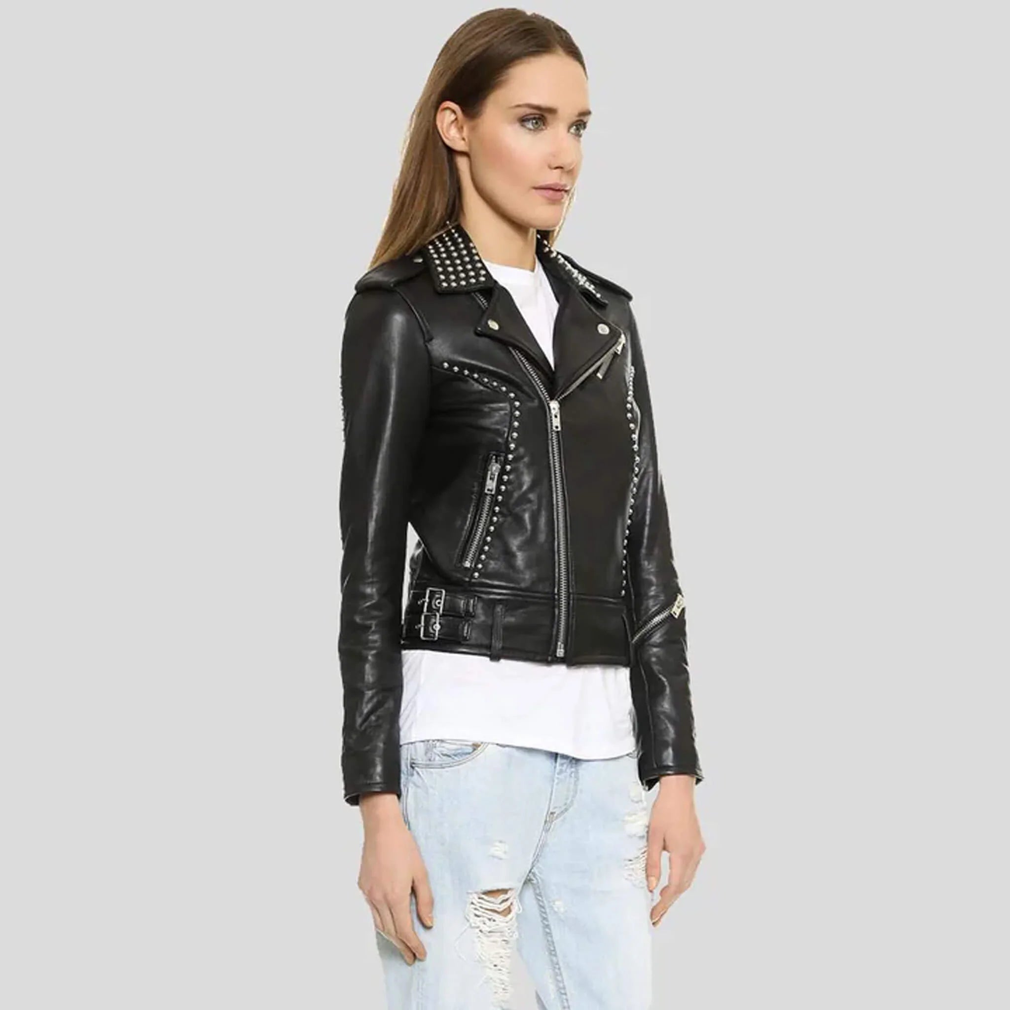 Rebelia Women’s Black Studded Lambskin Biker Jacket