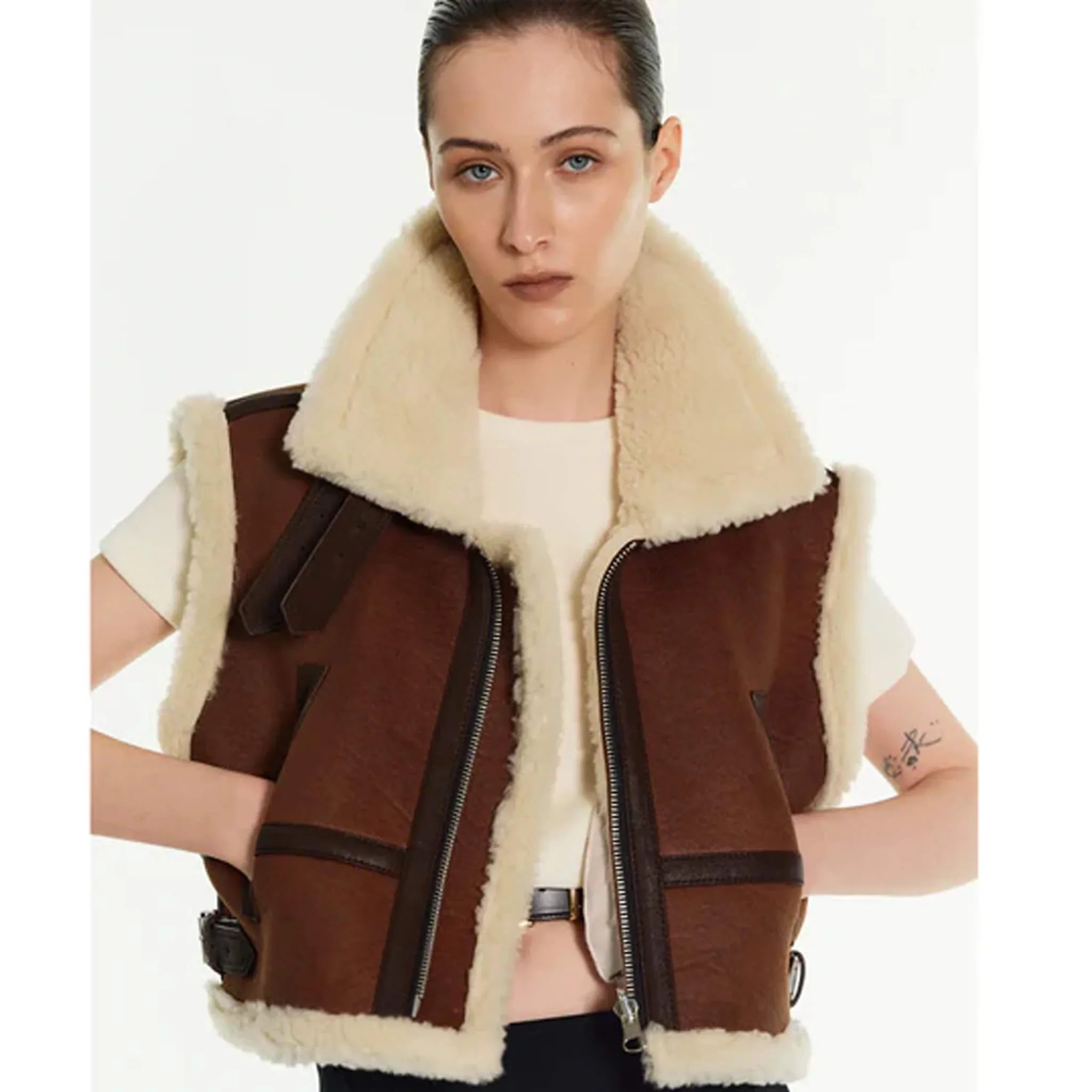 Women’s Brown Shearling Aviator Leather Vest Sheepskin Trim