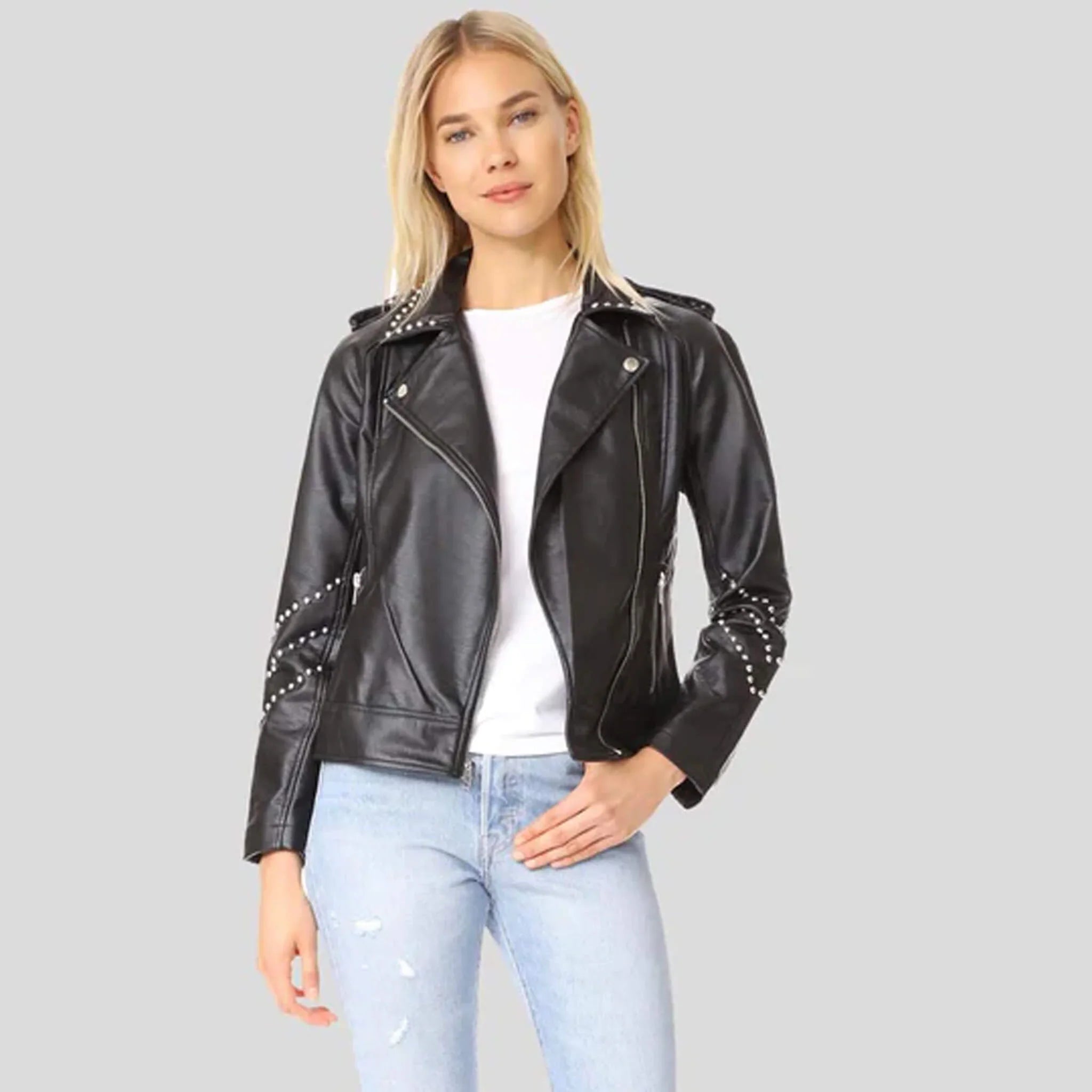 Raven Black Studded Lambskin Leather Jacket for Women
