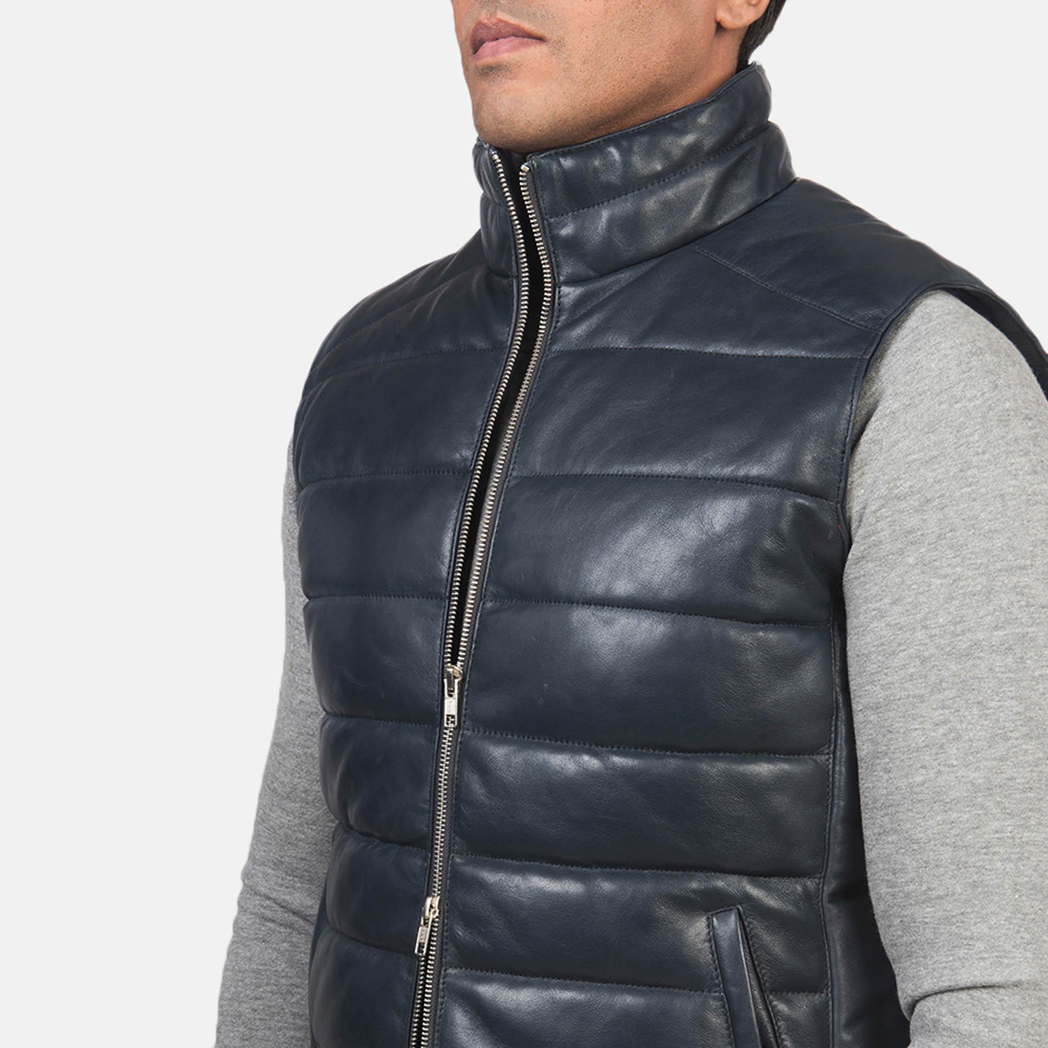 Men’s Reece Blue Leather Puffer Vest – Stylish Quilted Warmth