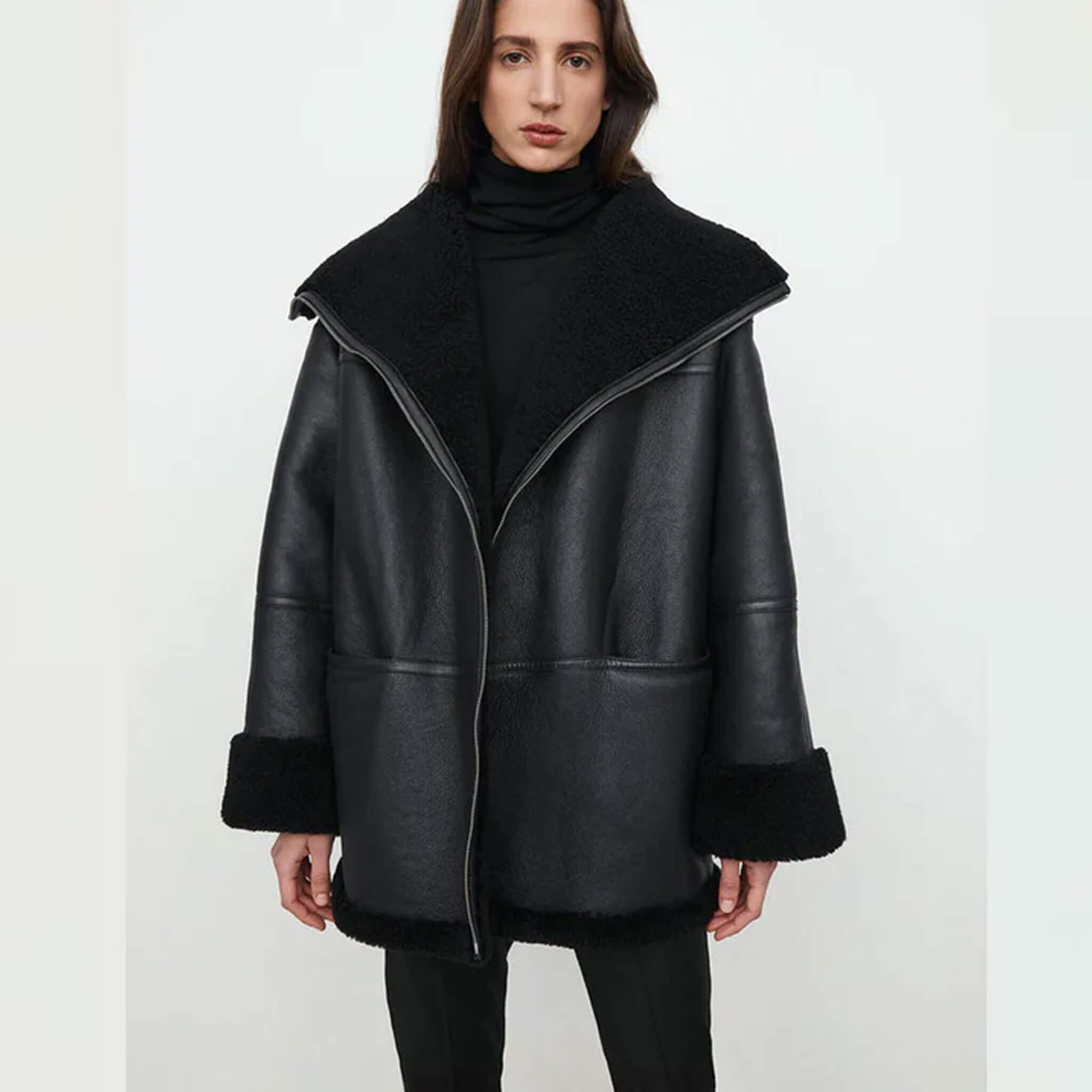 Black Shearling Aviator Biker Jacket for Women