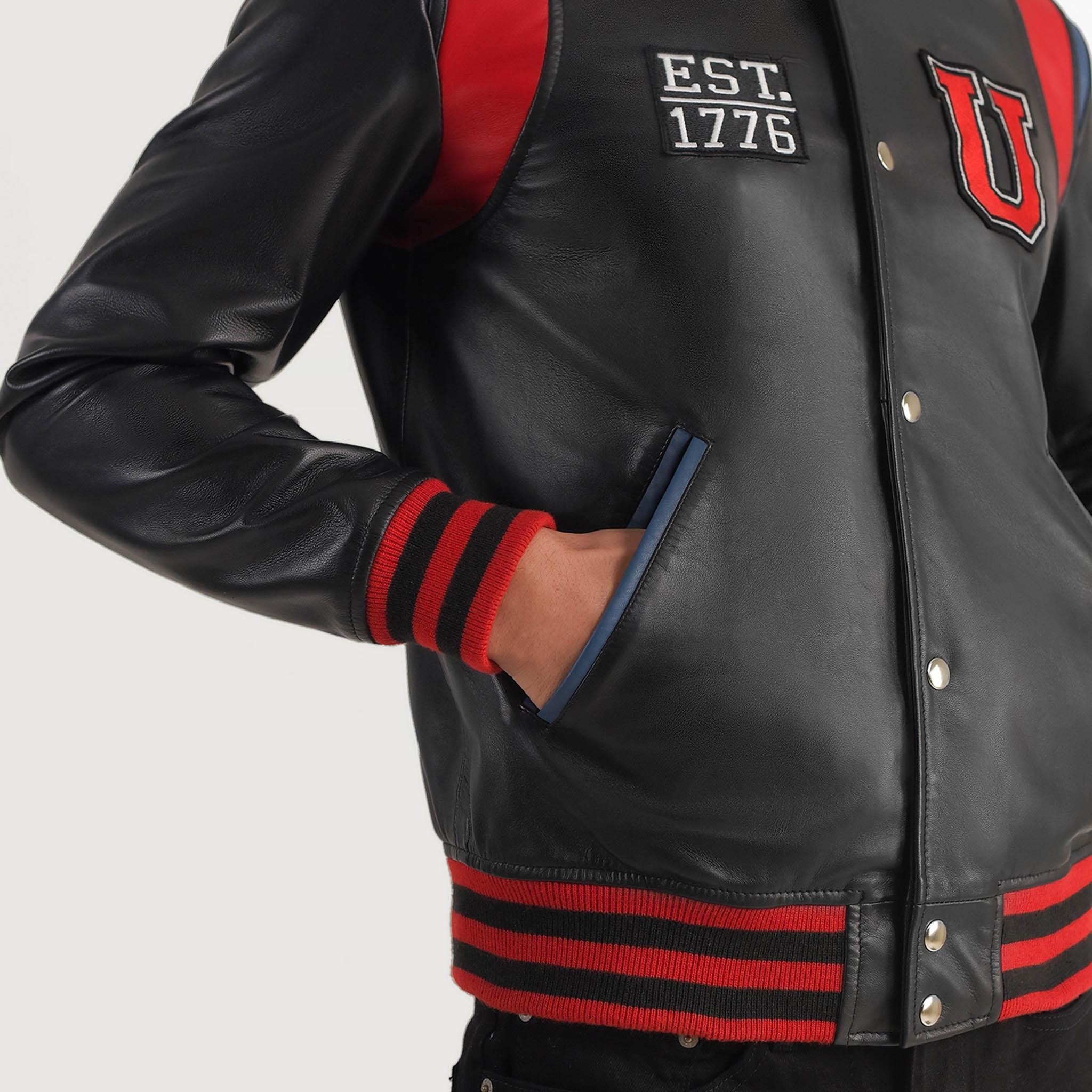Hazel USA Black Leather Varsity Jacket – College Letterman Baseball Style