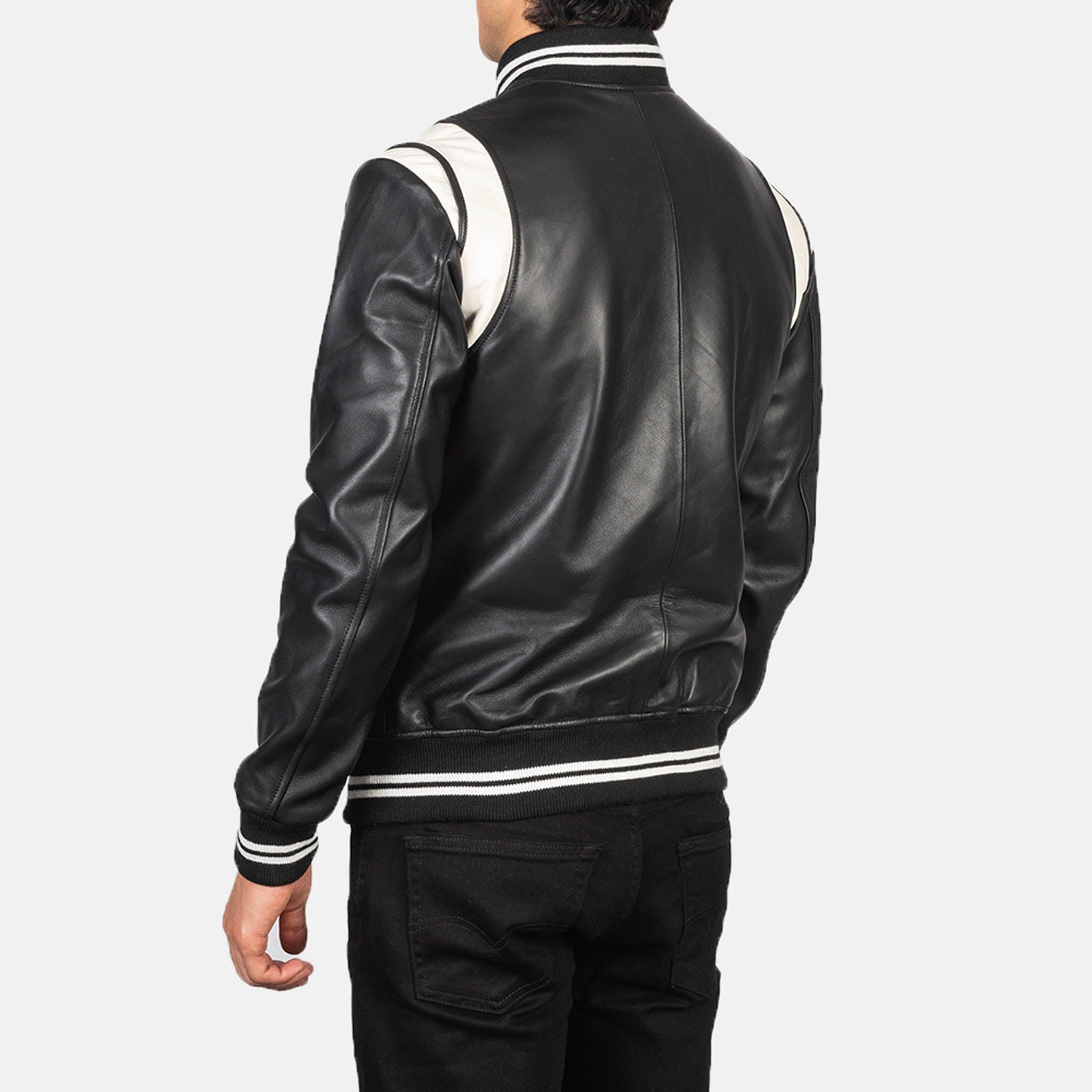 Damian Black Leather Varsity Jacket – Classic College Letterman Tailored Fit