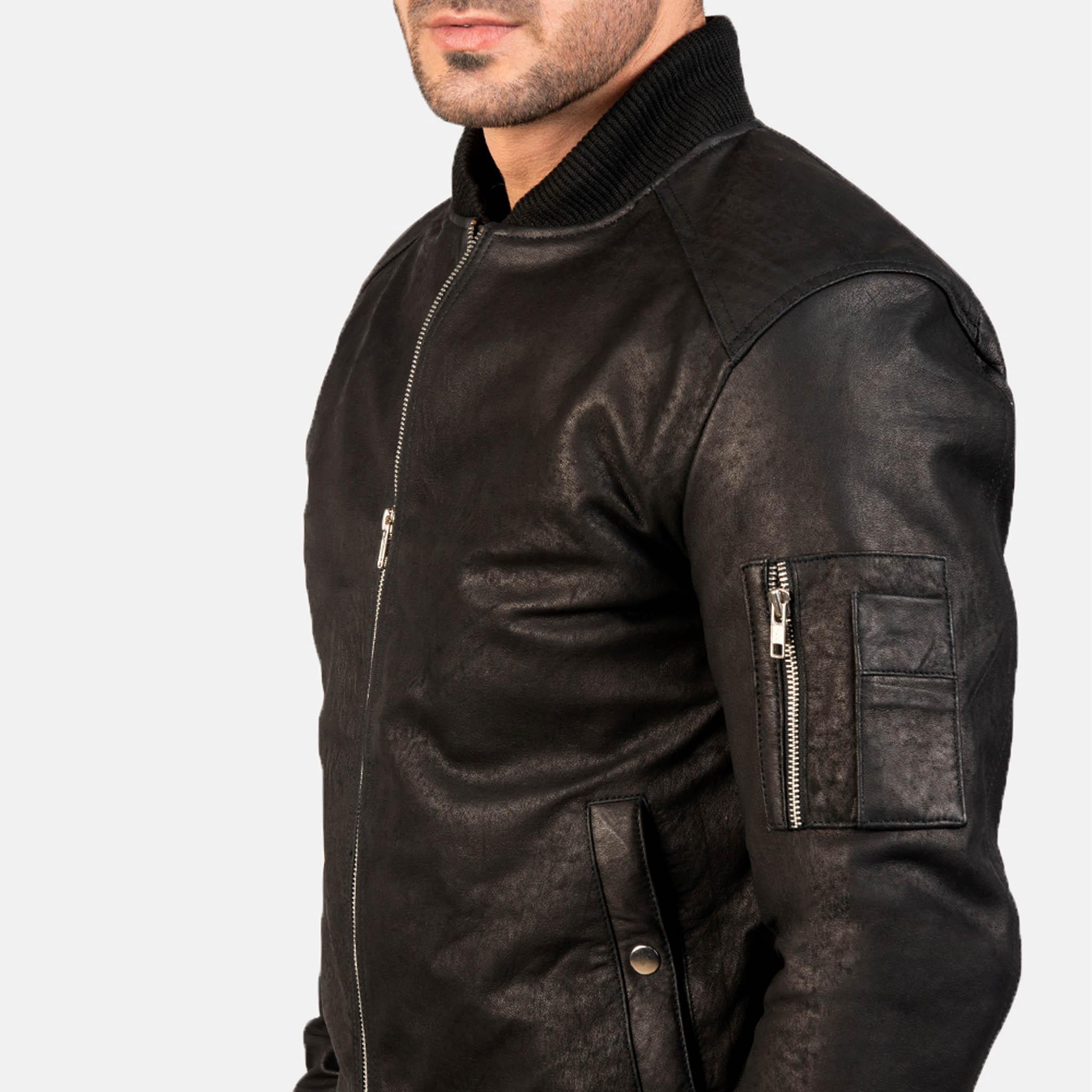 Allora MA-1 Bomber Jacket in Distressed Black Leather – Premium Effortless Style