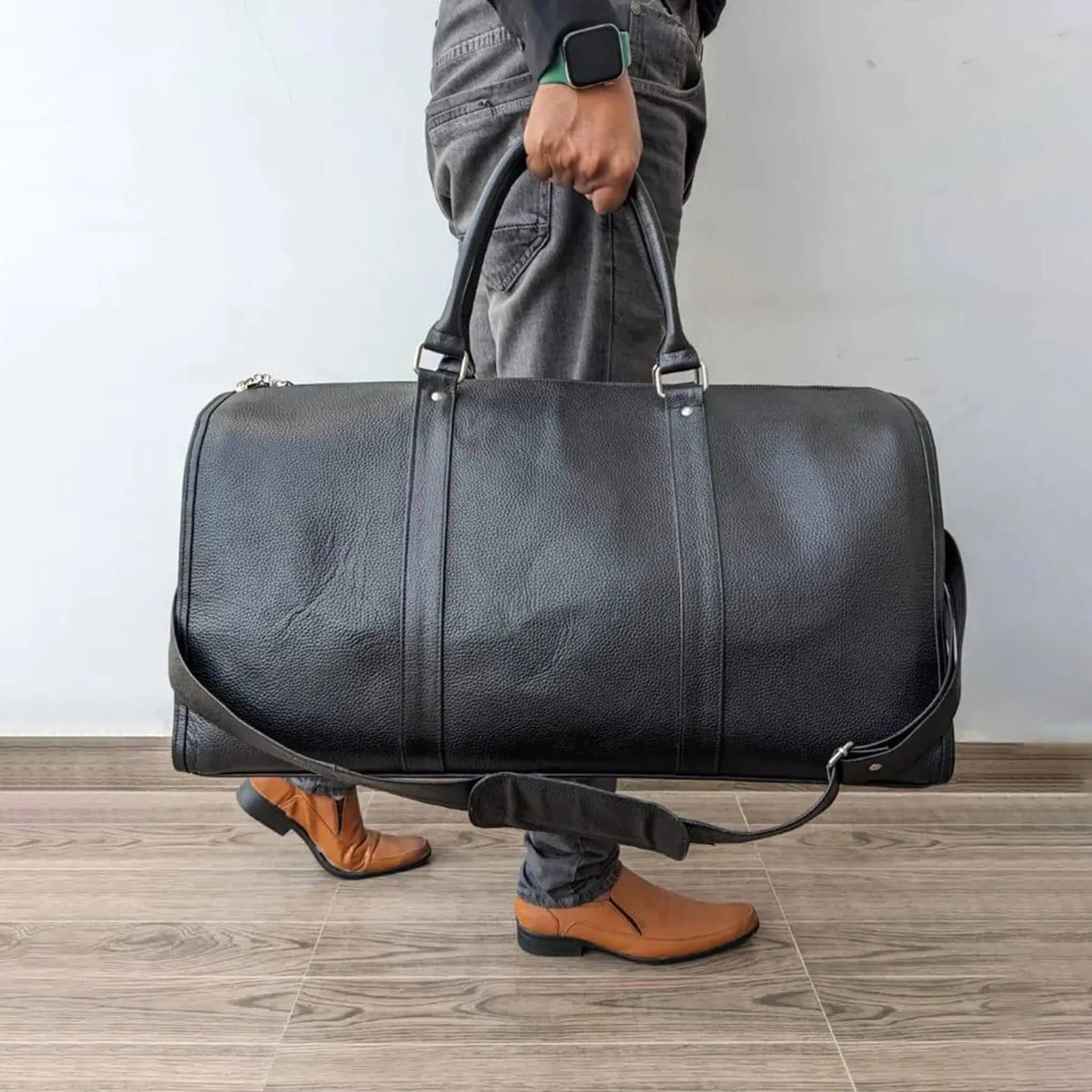 Black Luxury Real Leather Duffle Bag for Travel & Gym