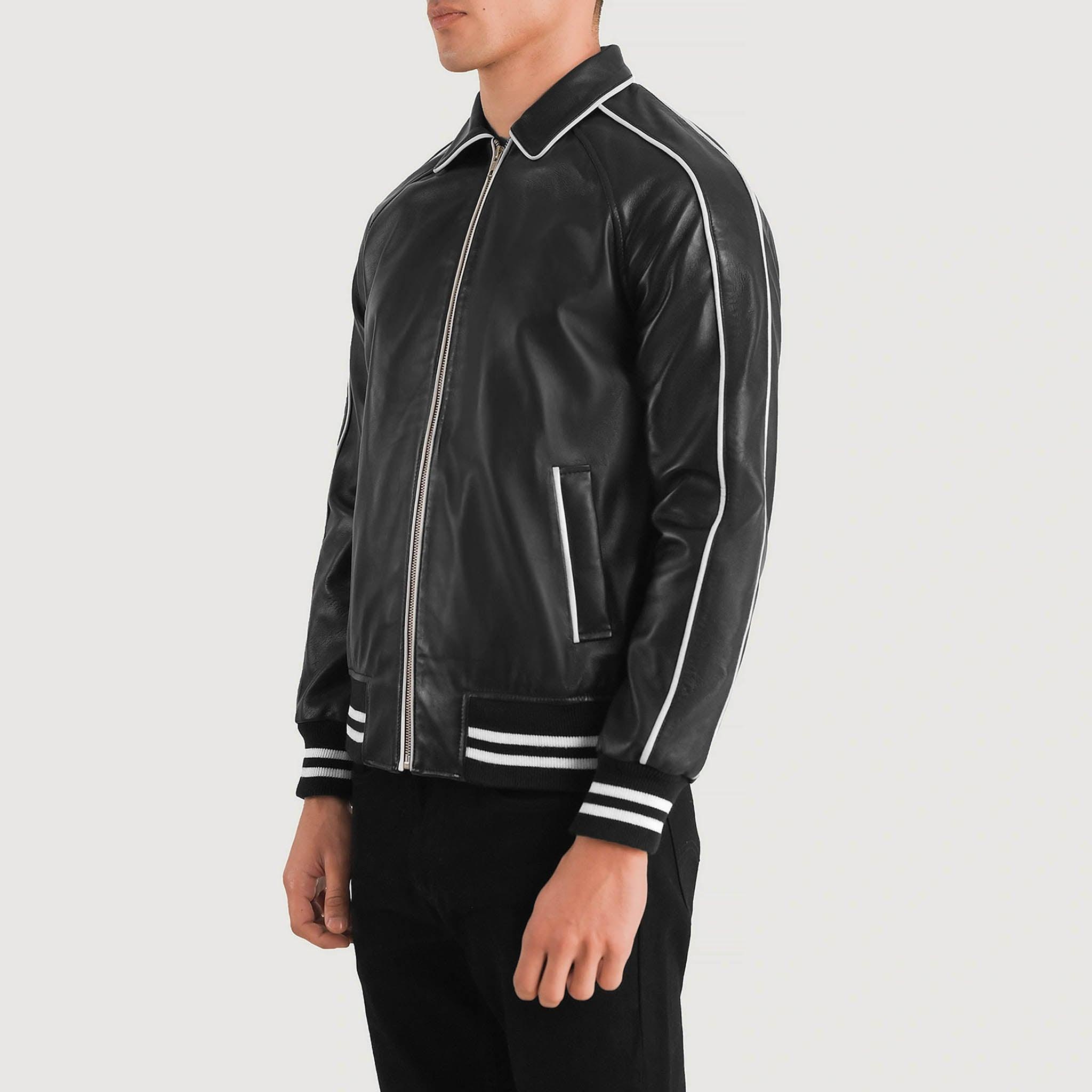 Connor Black Leather Varsity Jacket – Classic College Letterman Tailored Fit - leathergang.com
