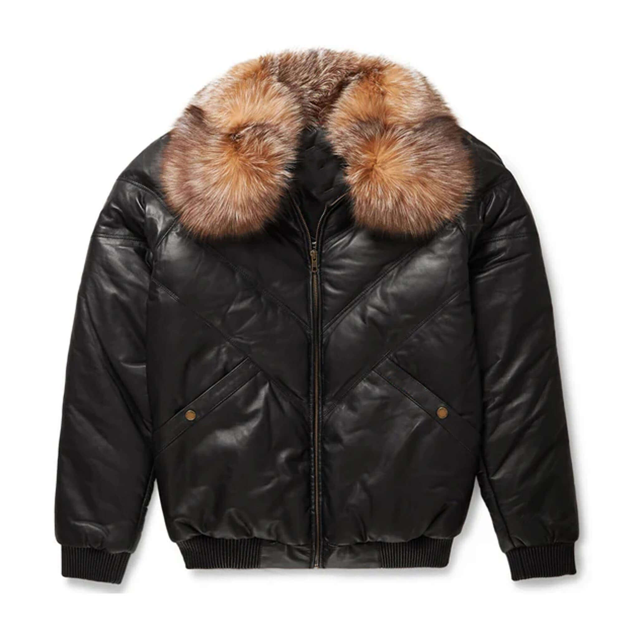 Luxury black leather V-bomber jacket with removable crystal fox fur collar, premium lambskin leather, warm goose down insulation, unisex winter outerwear for men and women.