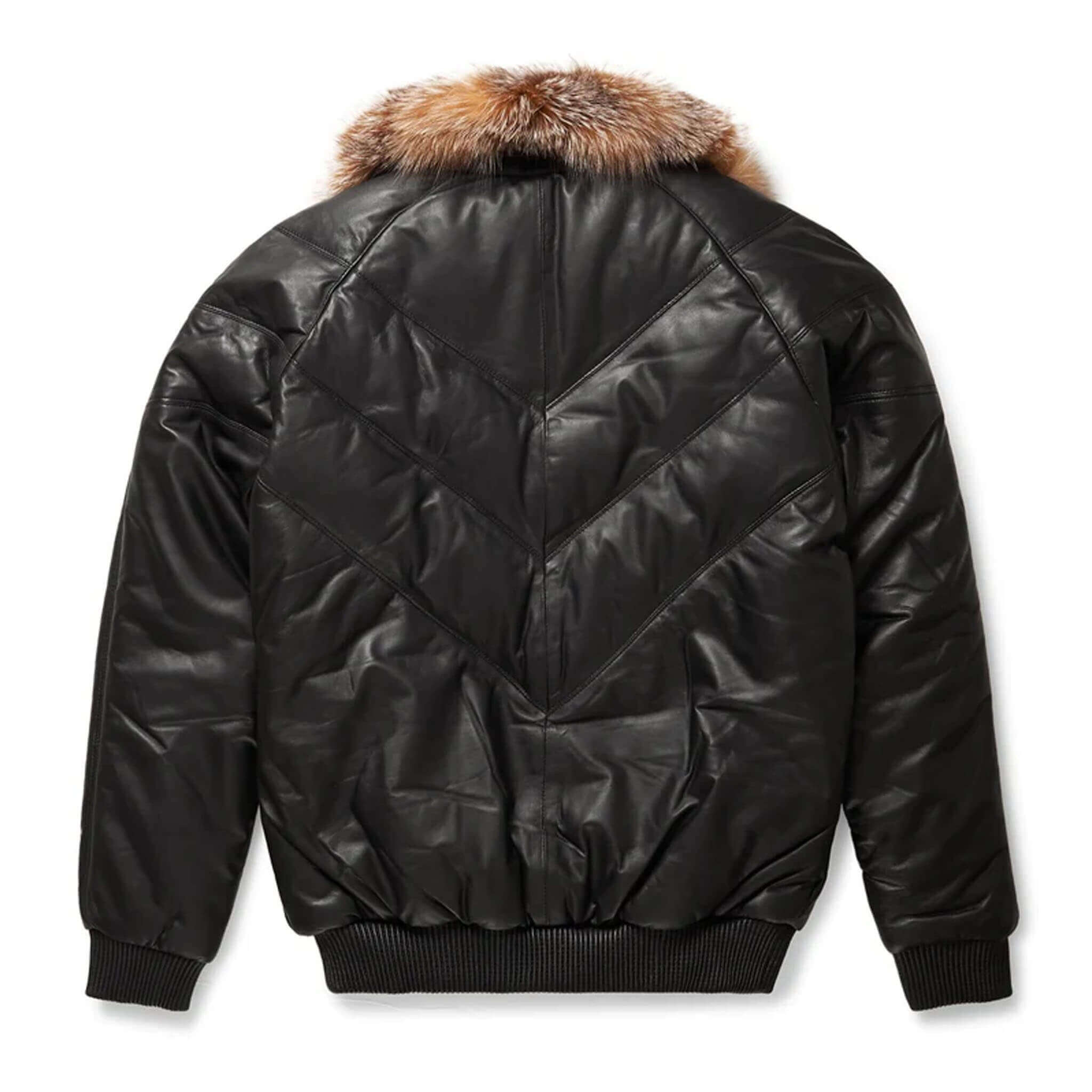 Luxury black leather V-bomber jacket with removable crystal fox fur collar, premium lambskin leather, warm goose down insulation, unisex winter outerwear for men and women.