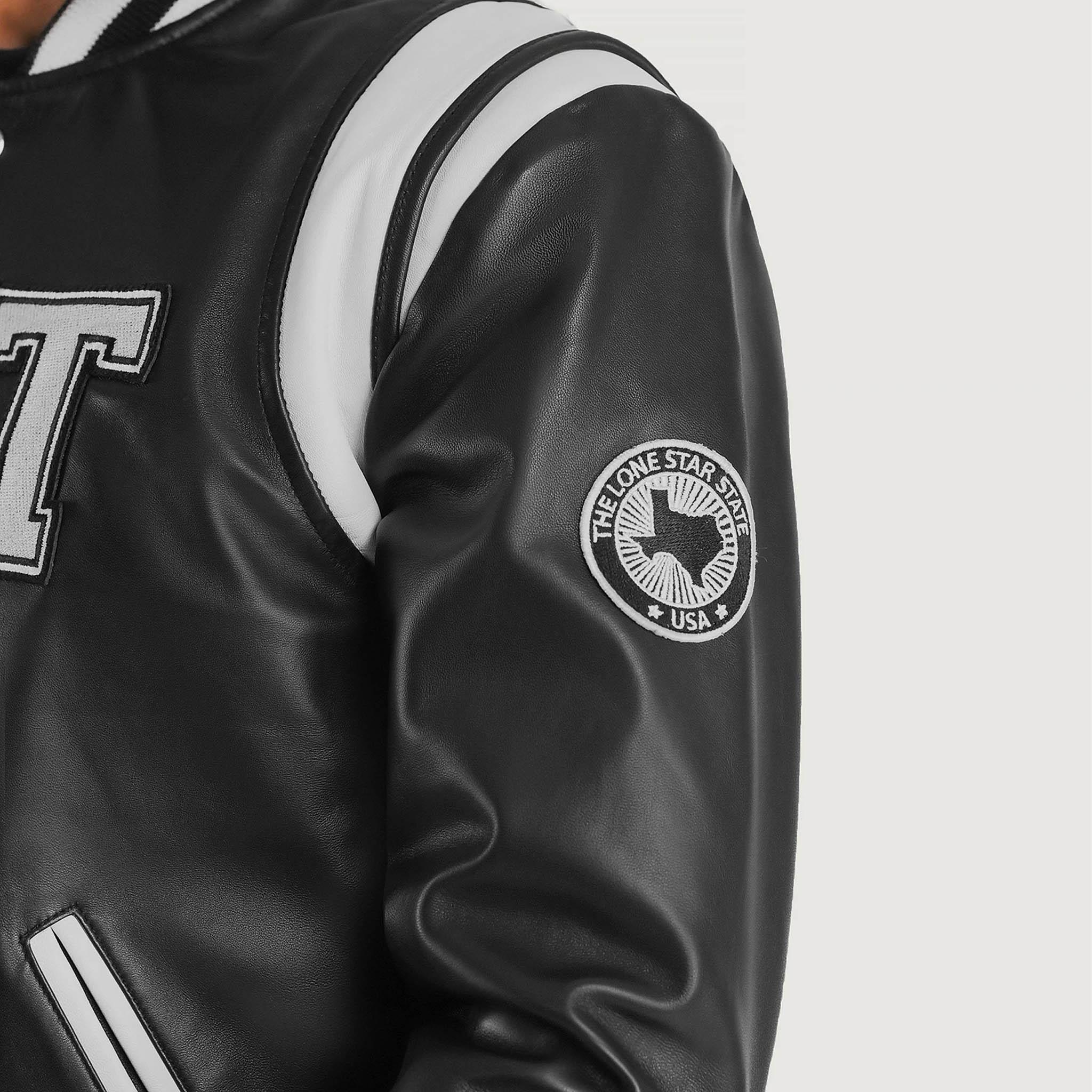 Hazel Texas Black Leather Varsity Jacket – College Letterman Baseball Style