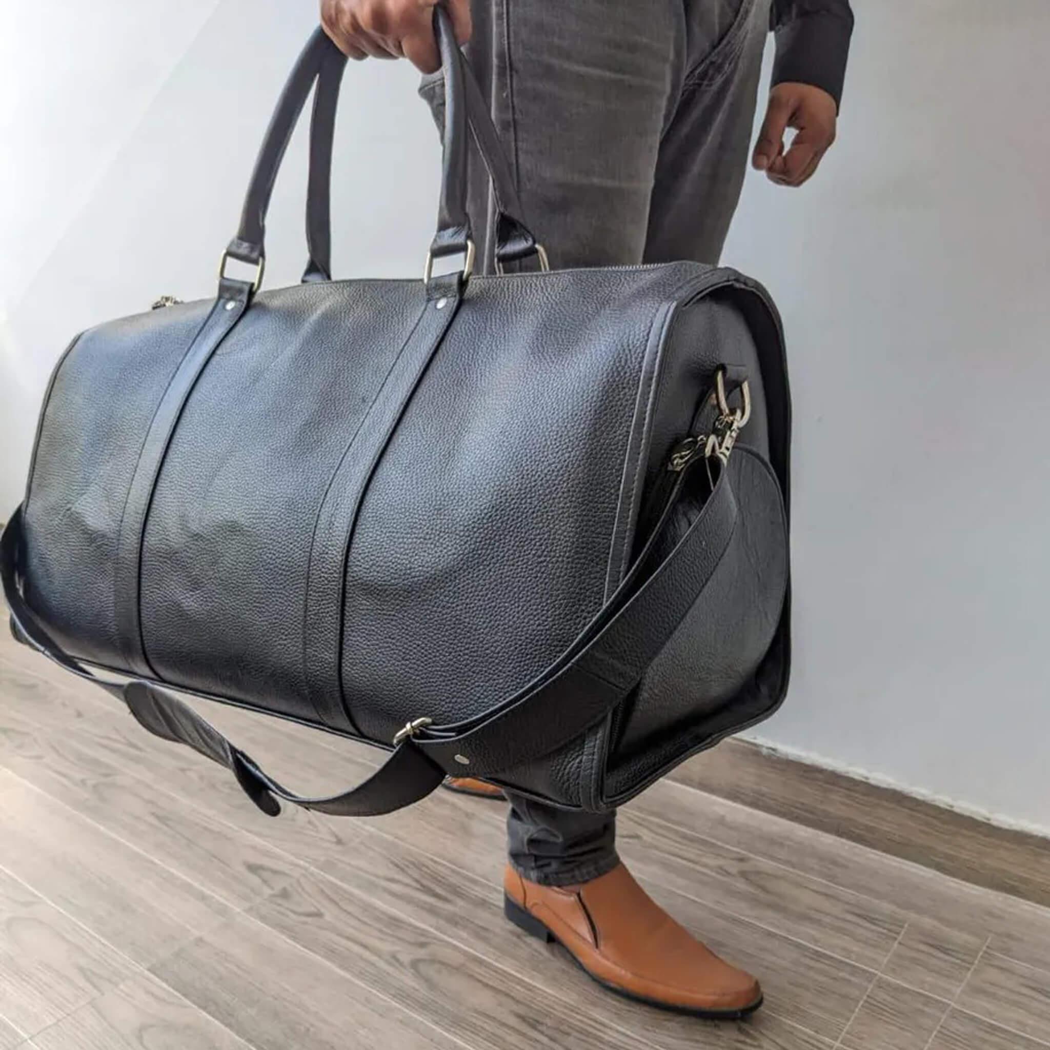 Black Luxury Real Leather Duffle Bag for Travel & Gym