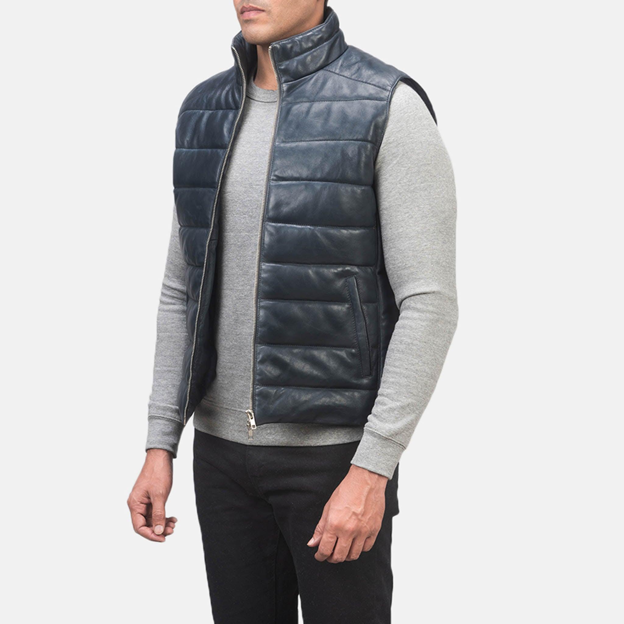 Men’s Reece Blue Leather Puffer Vest – Stylish Quilted Warmth