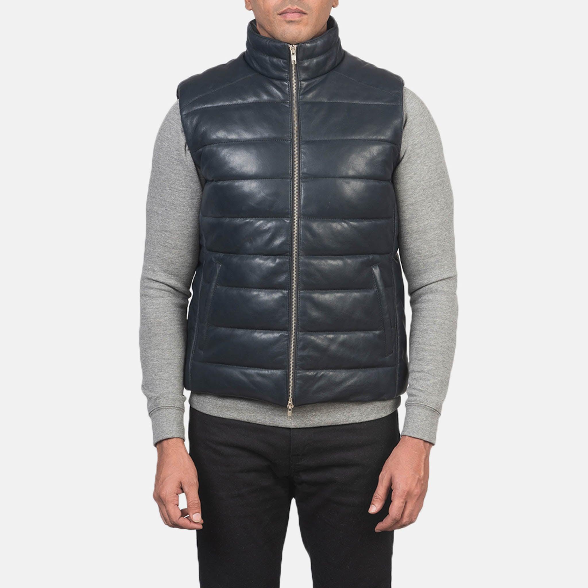 Men’s Reece Blue Leather Puffer Vest – Stylish Quilted Warmth - leathergang.com