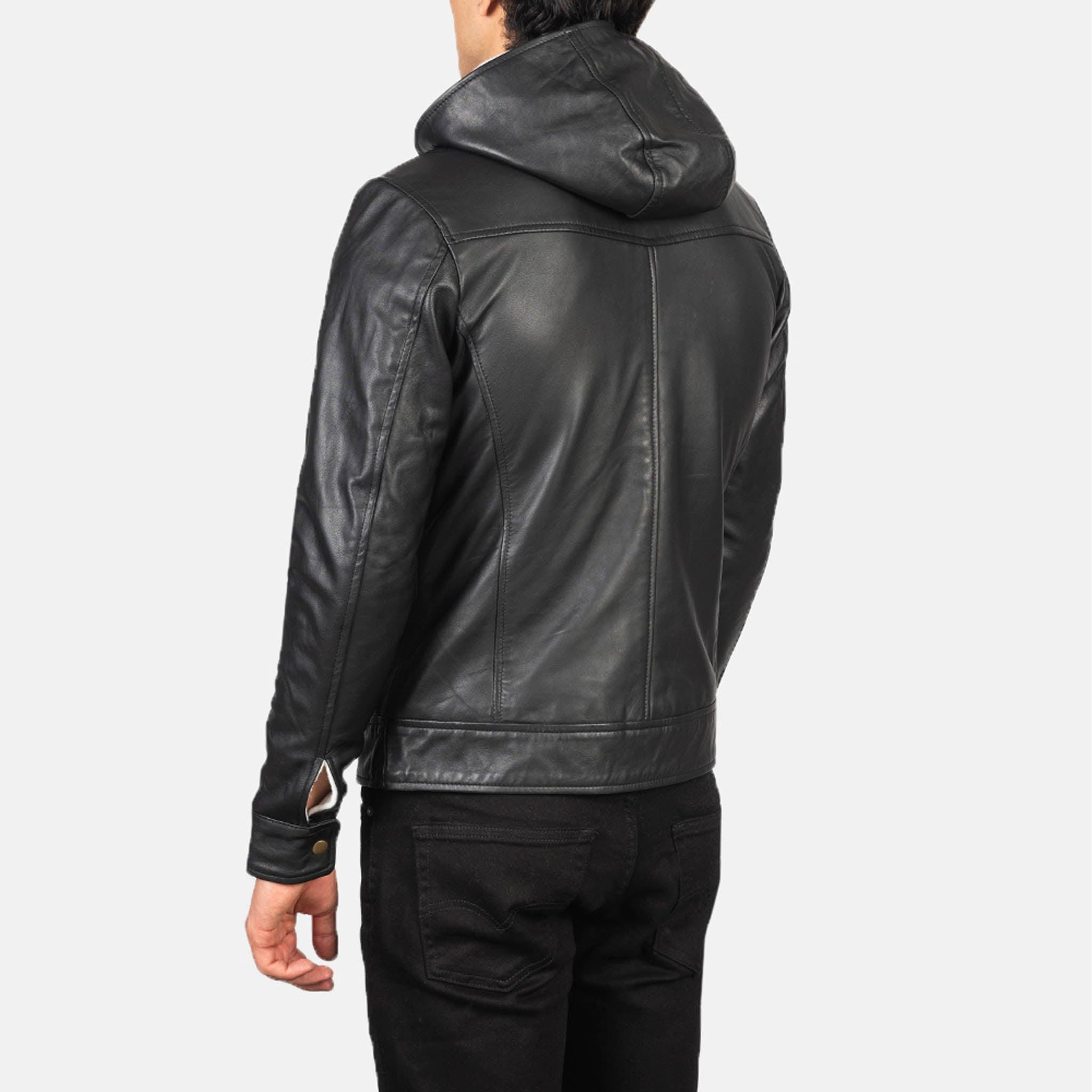 Men's Caston Black Leather Bomber Jacket with Hood – Classic Style