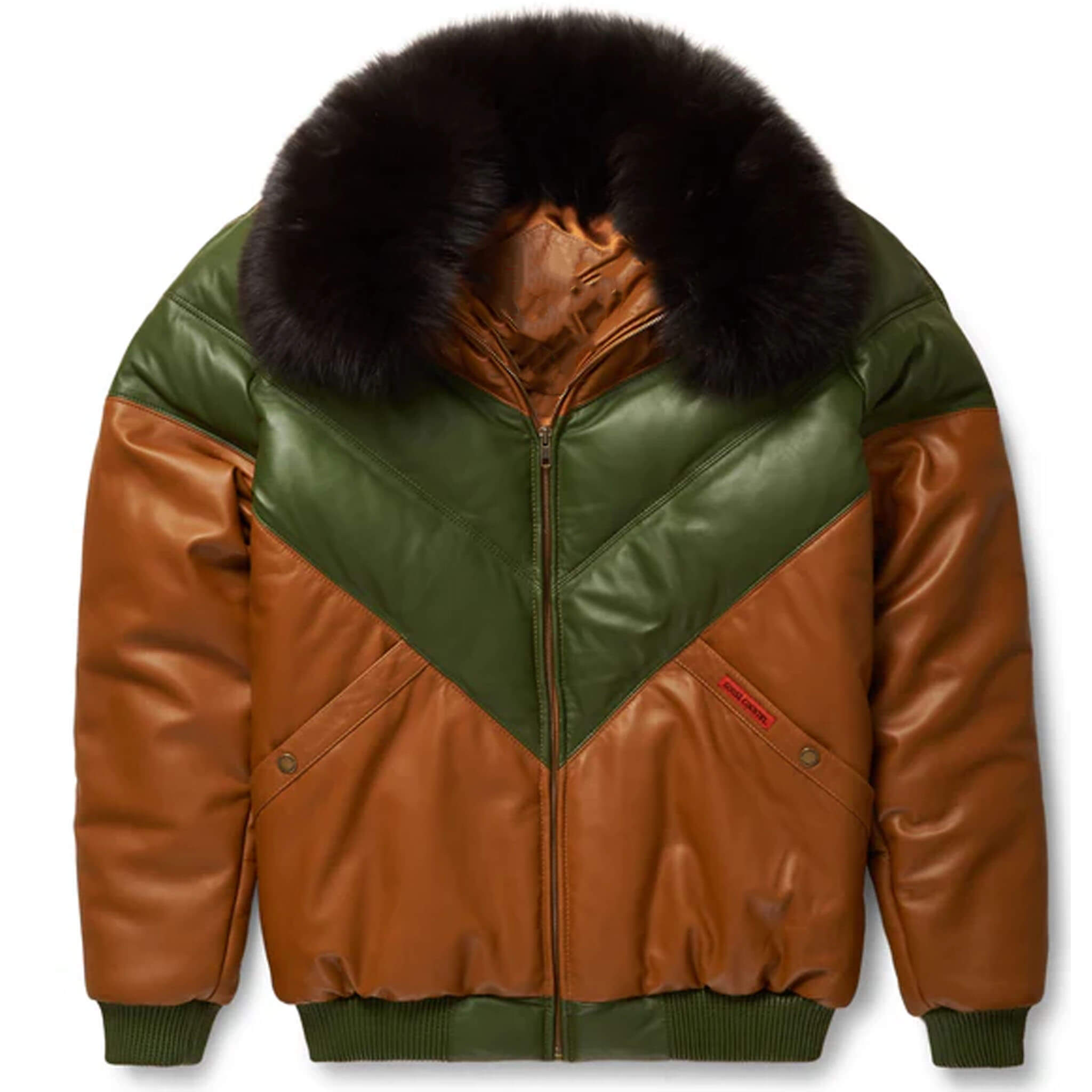 Brown & Green Leather V-Bomber Jacket for men and women, crafted from premium lambskin leather with chevron bubble design, detachable fur collar, 70/30 goose down fill, and a modern perfected fit.