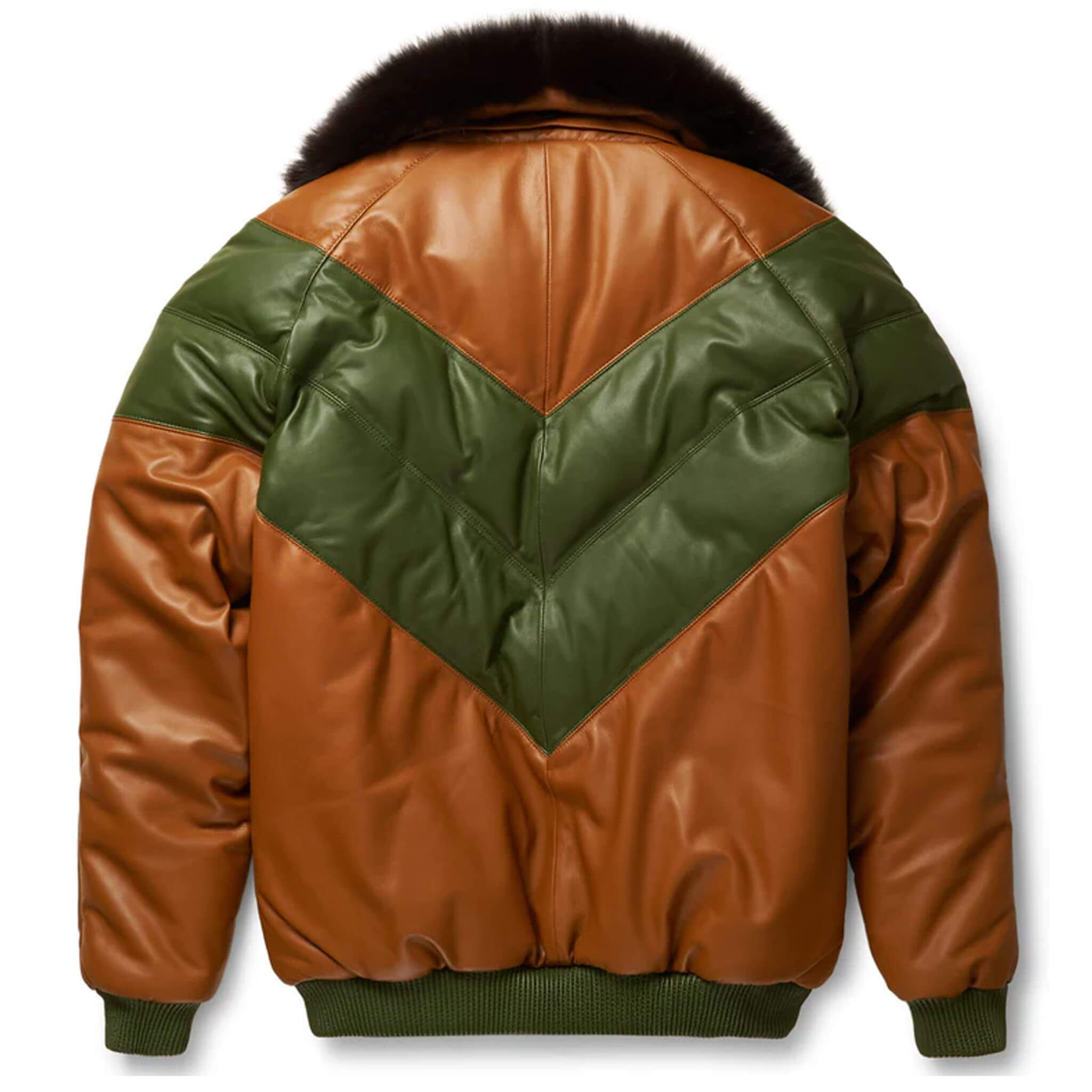 Brown & Green Leather V-Bomber Jacket for men and women, crafted from premium lambskin leather with chevron bubble design, detachable fur collar, 70/30 goose down fill, and a modern perfected fit.