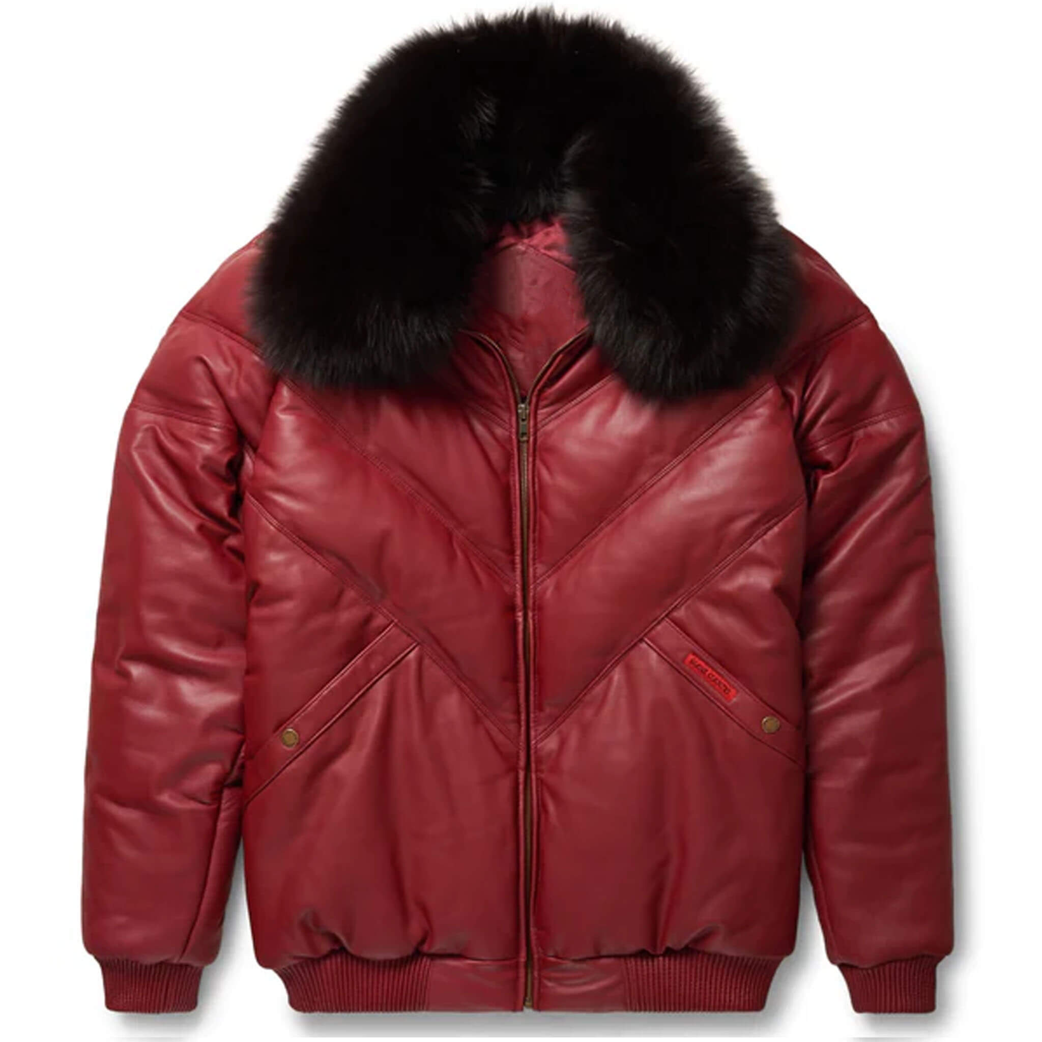 “Burgundy leather V-bomber jacket for men and women, made from premium lambskin leather with detachable full fox fur collar, chevron quilted design, and goose down insulation.”