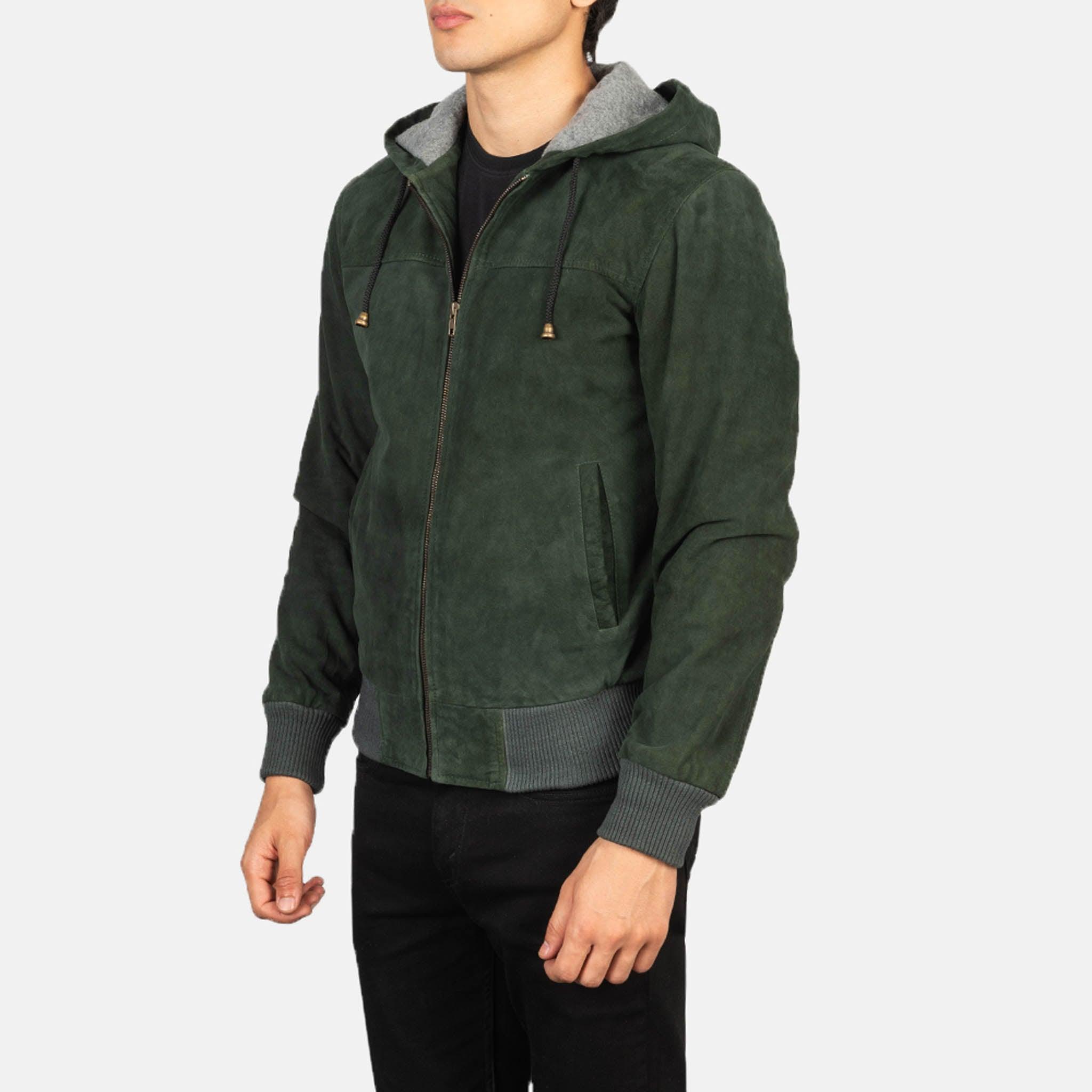 Nintend Green Hooded Bomber Jacket – Premium Suede Leather and Urban Design - leathergang.com