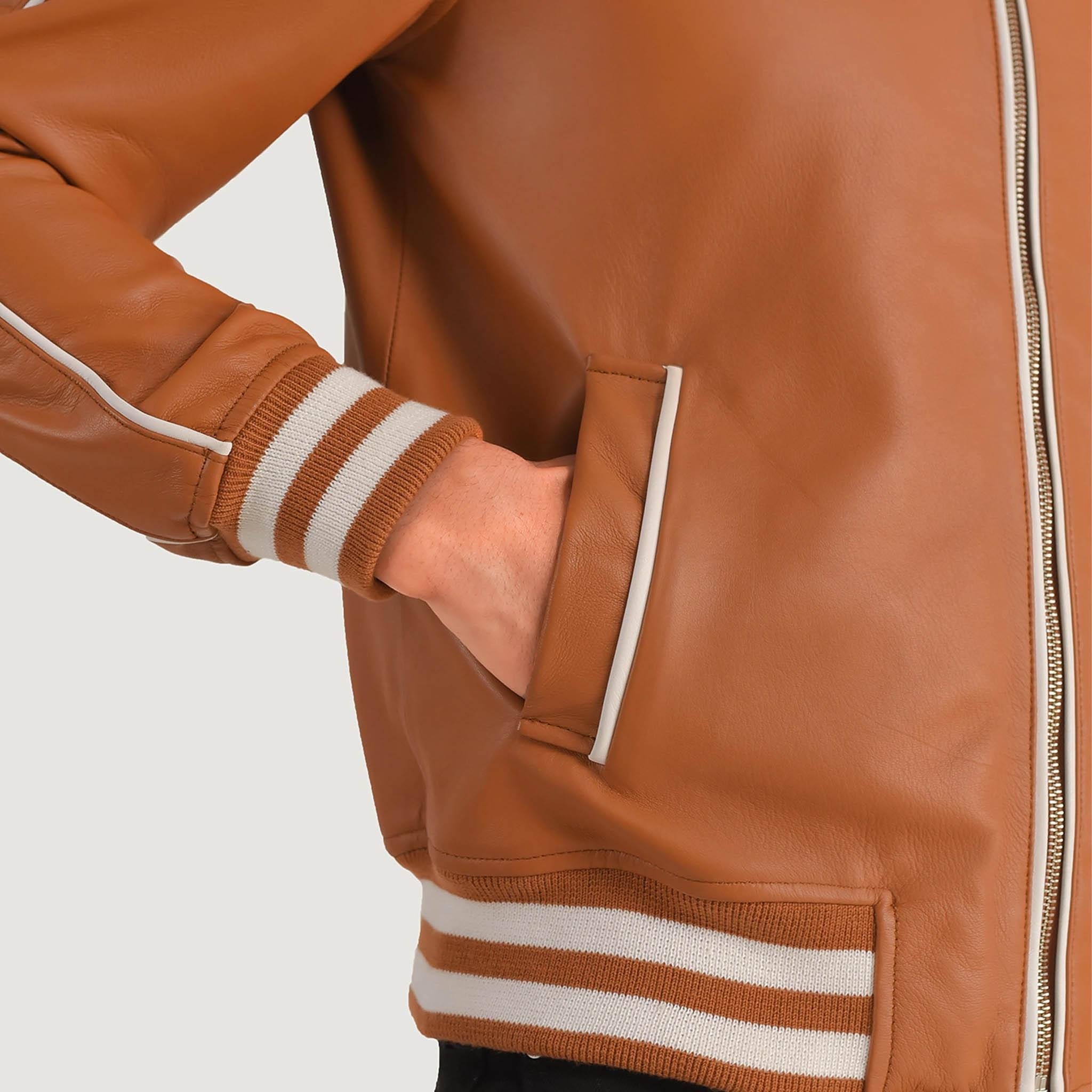 Connor Gold Brown Leather Varsity Jacket – Classic College Letterman Tailored Fit
