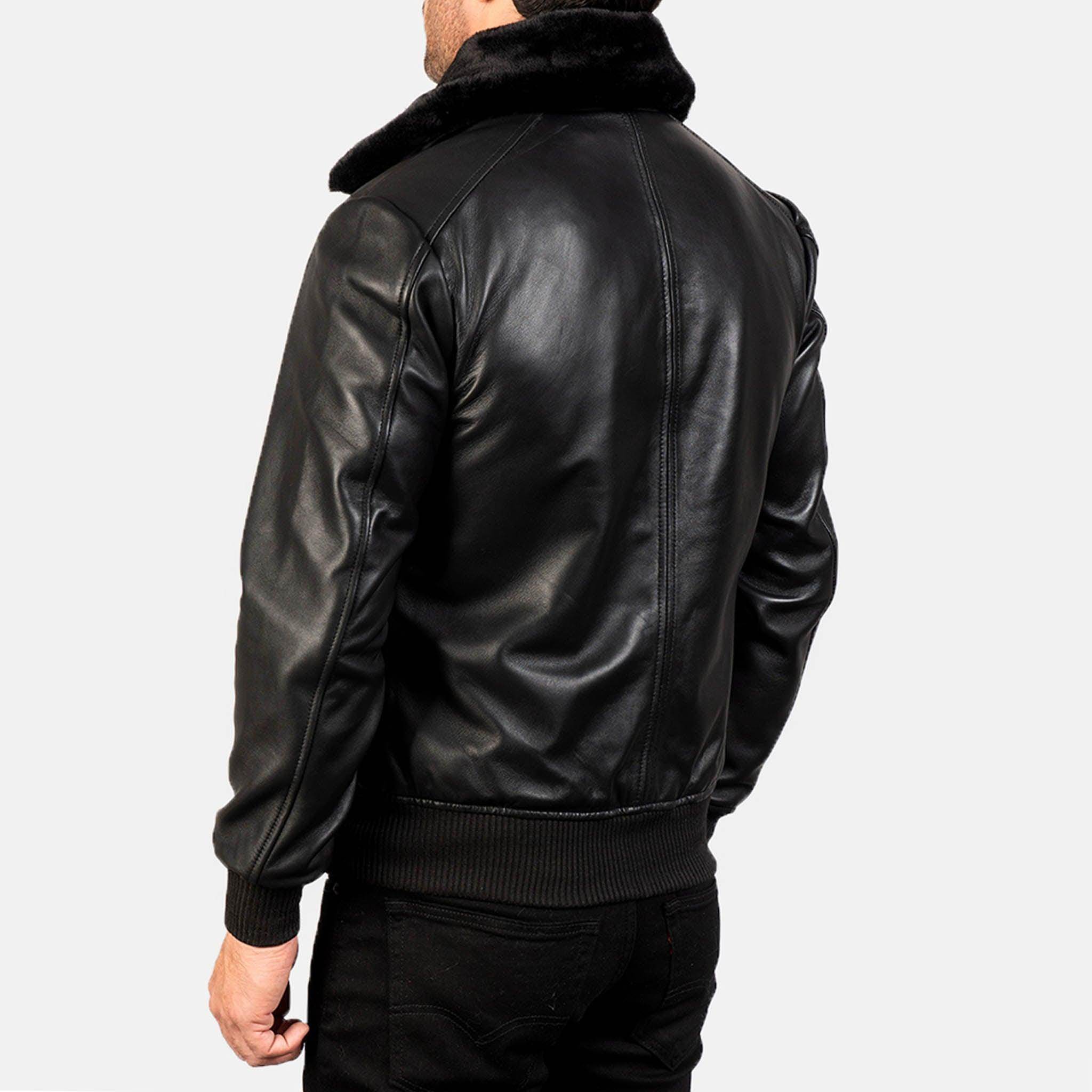 Aarin G-1 Black Leather Bomber Jacket – Shearling Fur Collar for Men
