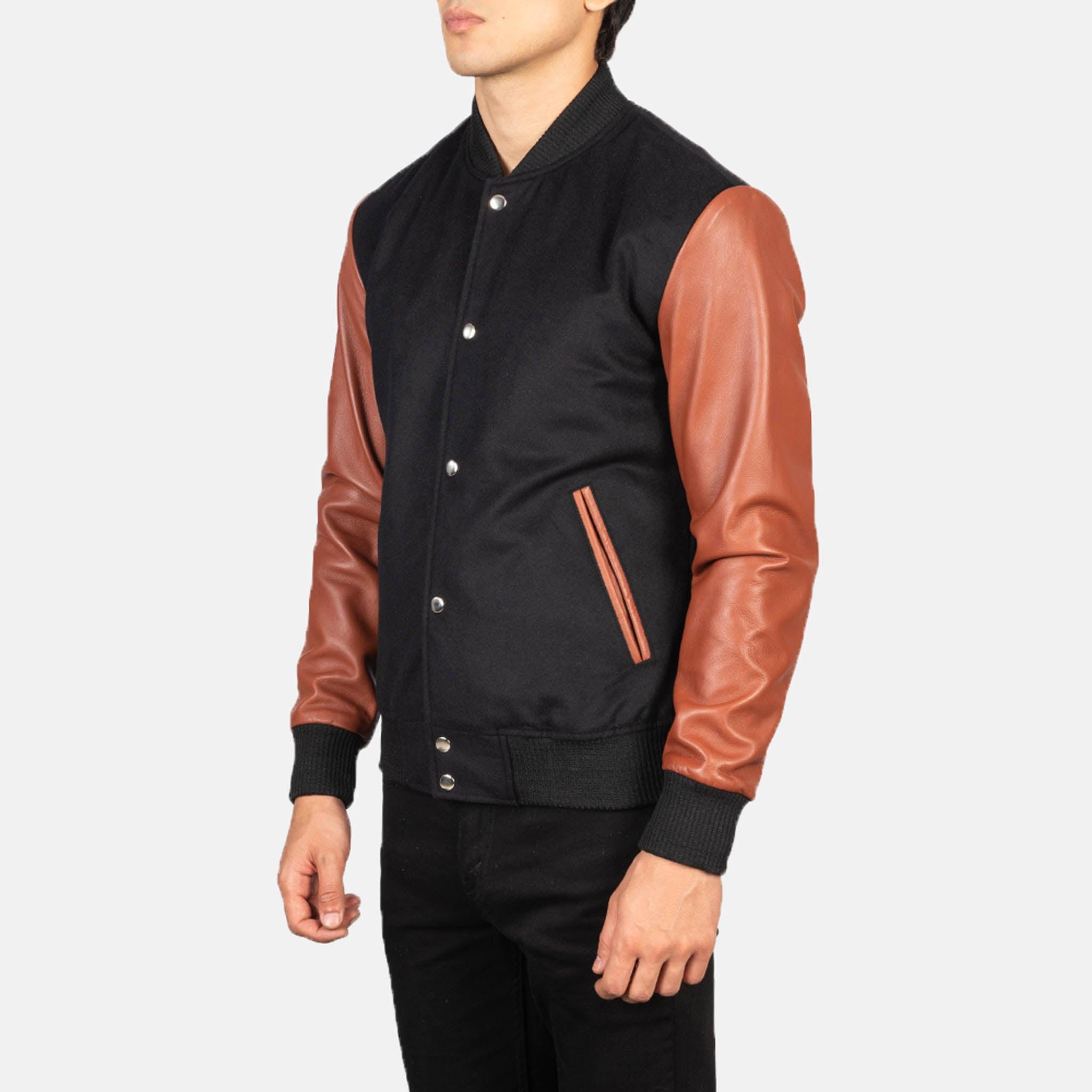 Baxton Hybrid Varsity Jacket – Black Wool & Leather Sleeves Striped Edition