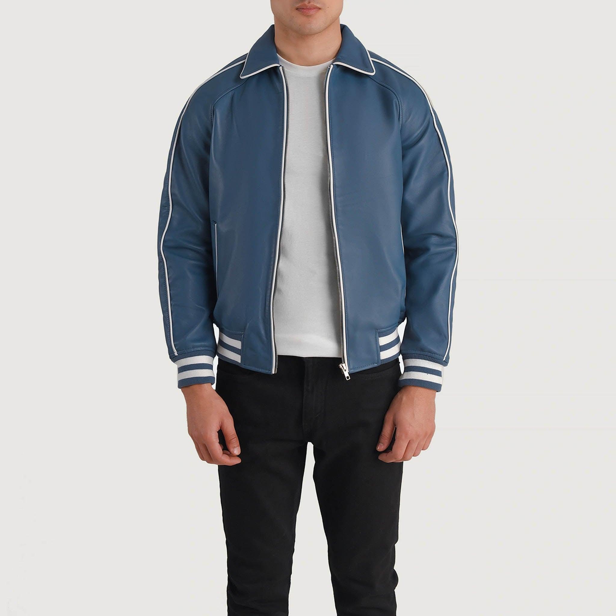 Connor Blue Leather Varsity Jacket – Classic College Letterman Tailored Fit