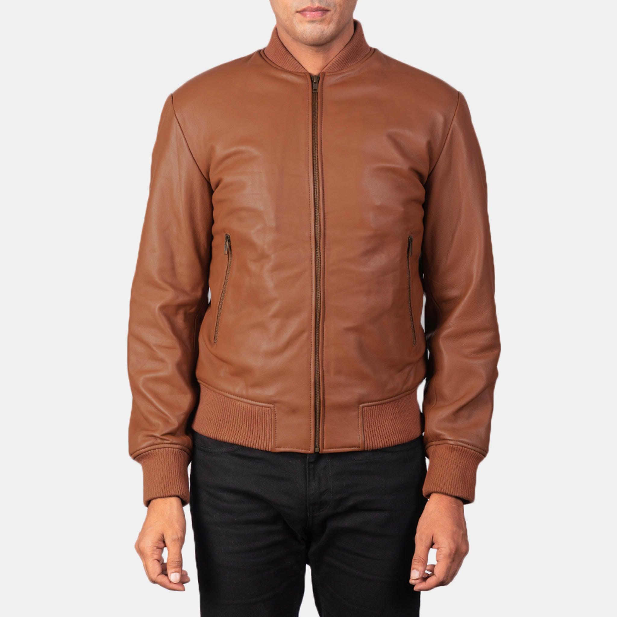 Rayne Men's Tan Brown Leather Bomber Jacket – Timeless and Elegant Design