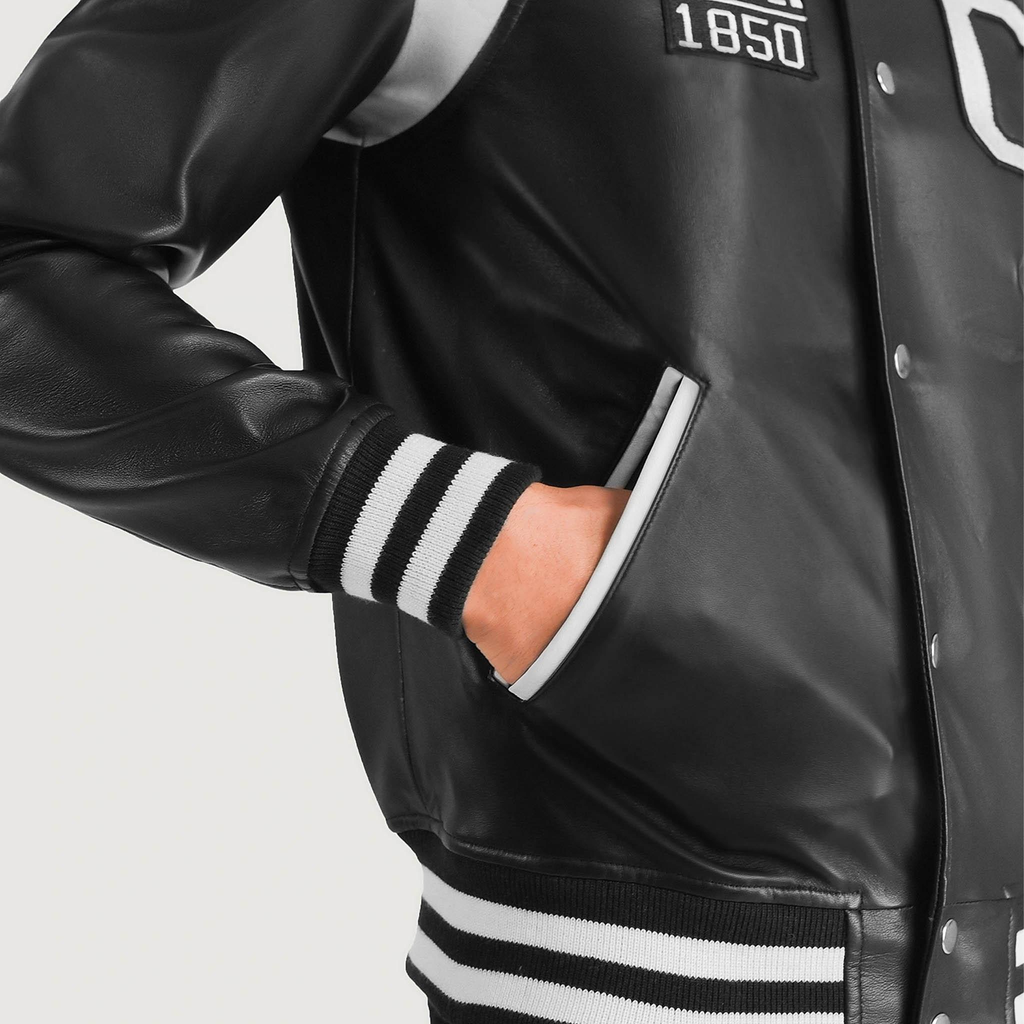 Hazel California Black Leather Varsity Jacket – College Letterman Baseball Style