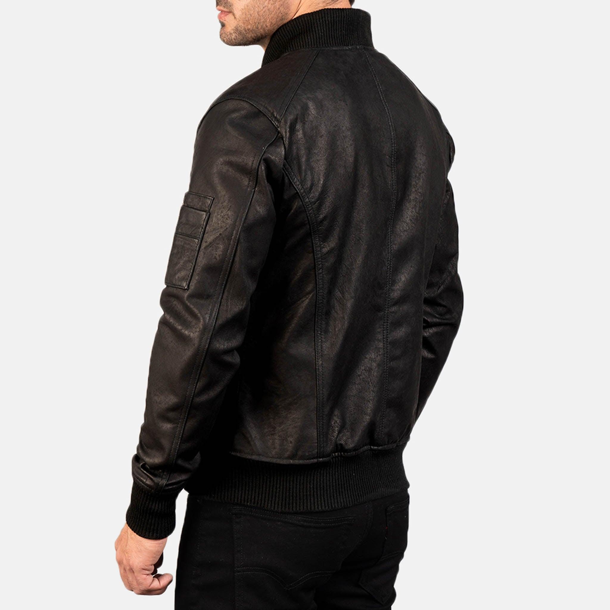 Allora MA-1 Bomber Jacket in Distressed Black Leather – Premium Effortless Style - leathergang.com