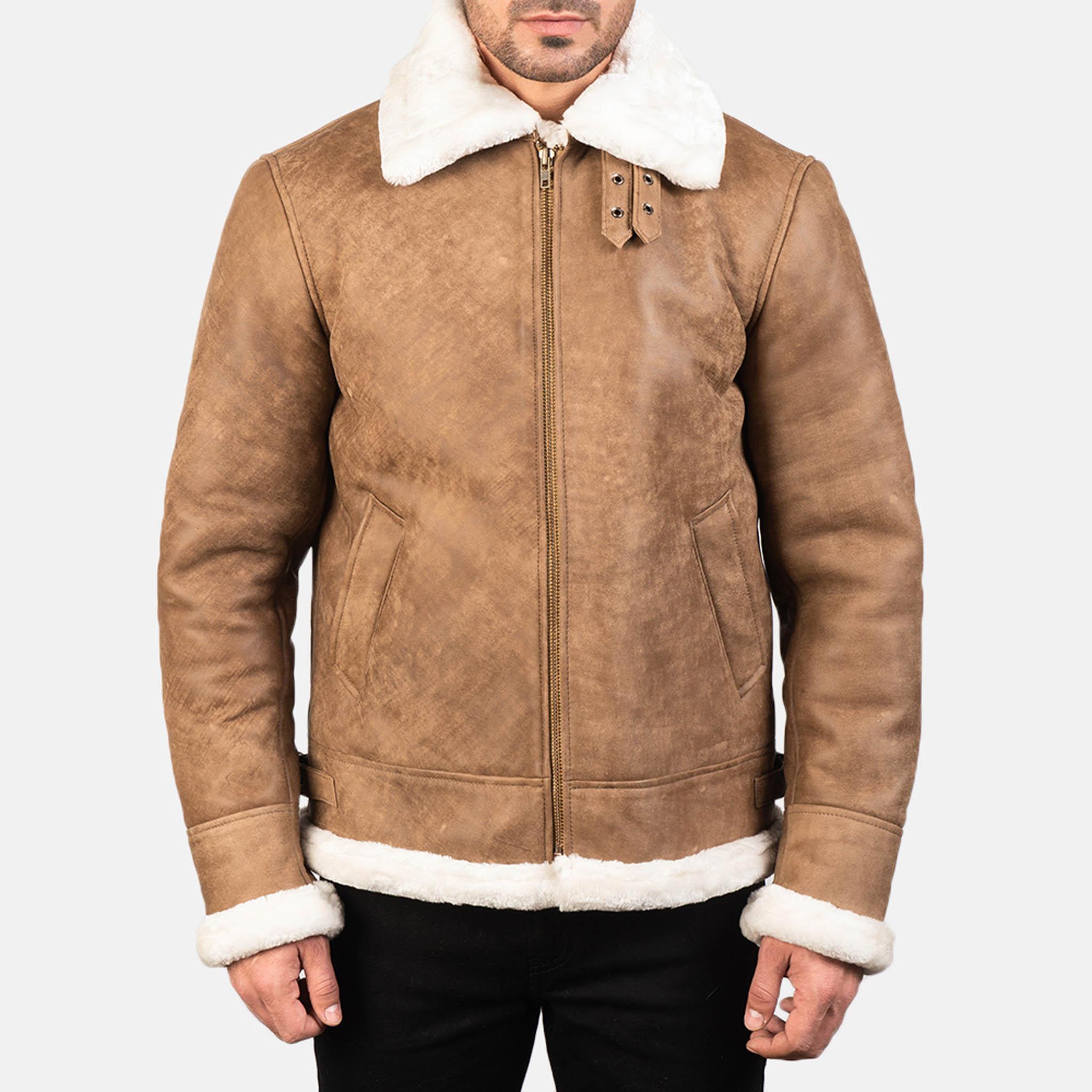 Frances B3 Distressed Leather Jacket – Classic Bomber with Shearling Collar - leathergang.com