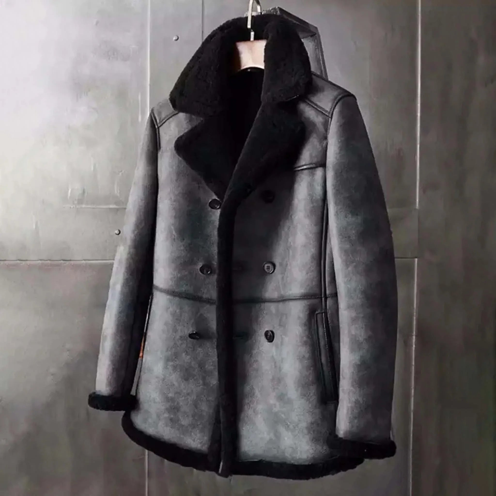 Thryve Distressed Gray Leather Coat - B3 Shearling Long Hunting Overcoat Jacket - leathergang.com