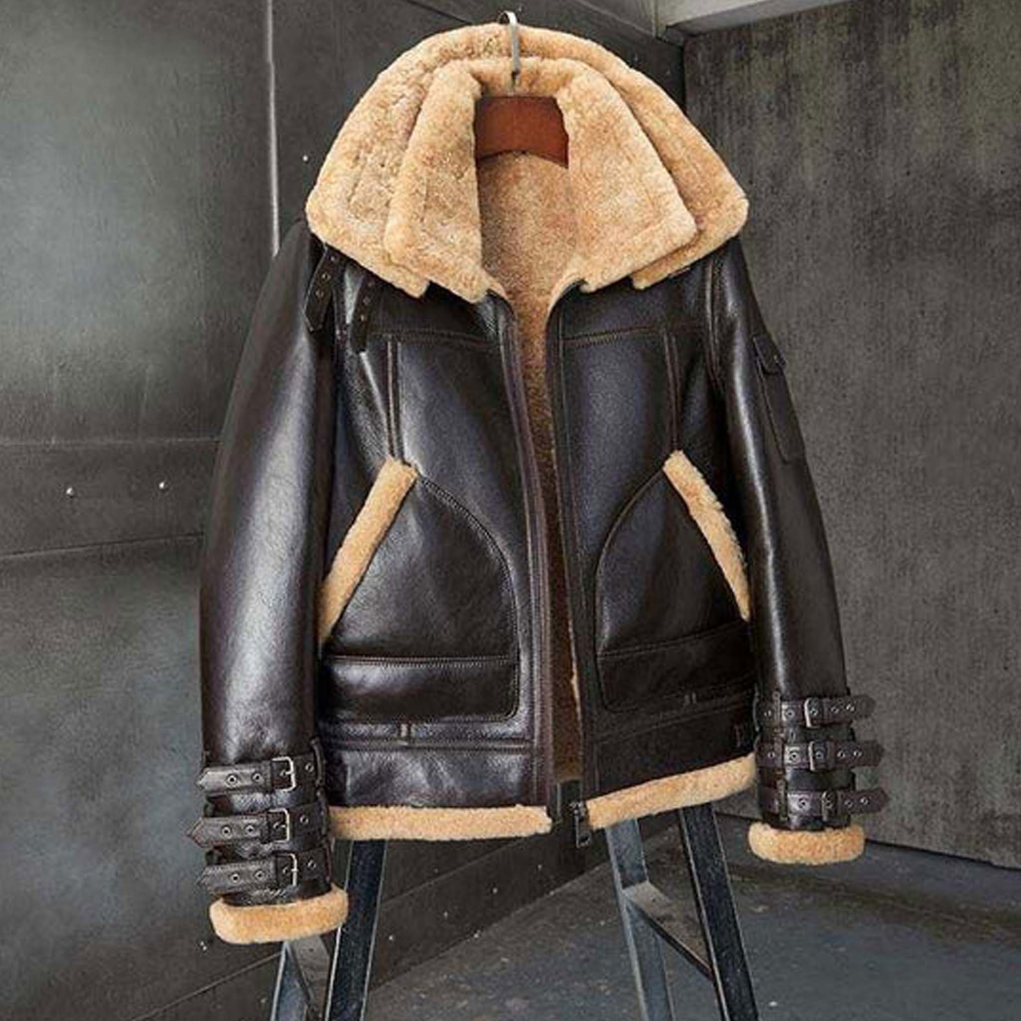 Boldern Double Collar B3 Bomber Jacket - Shearling Leather Fur Motorcycle Coat