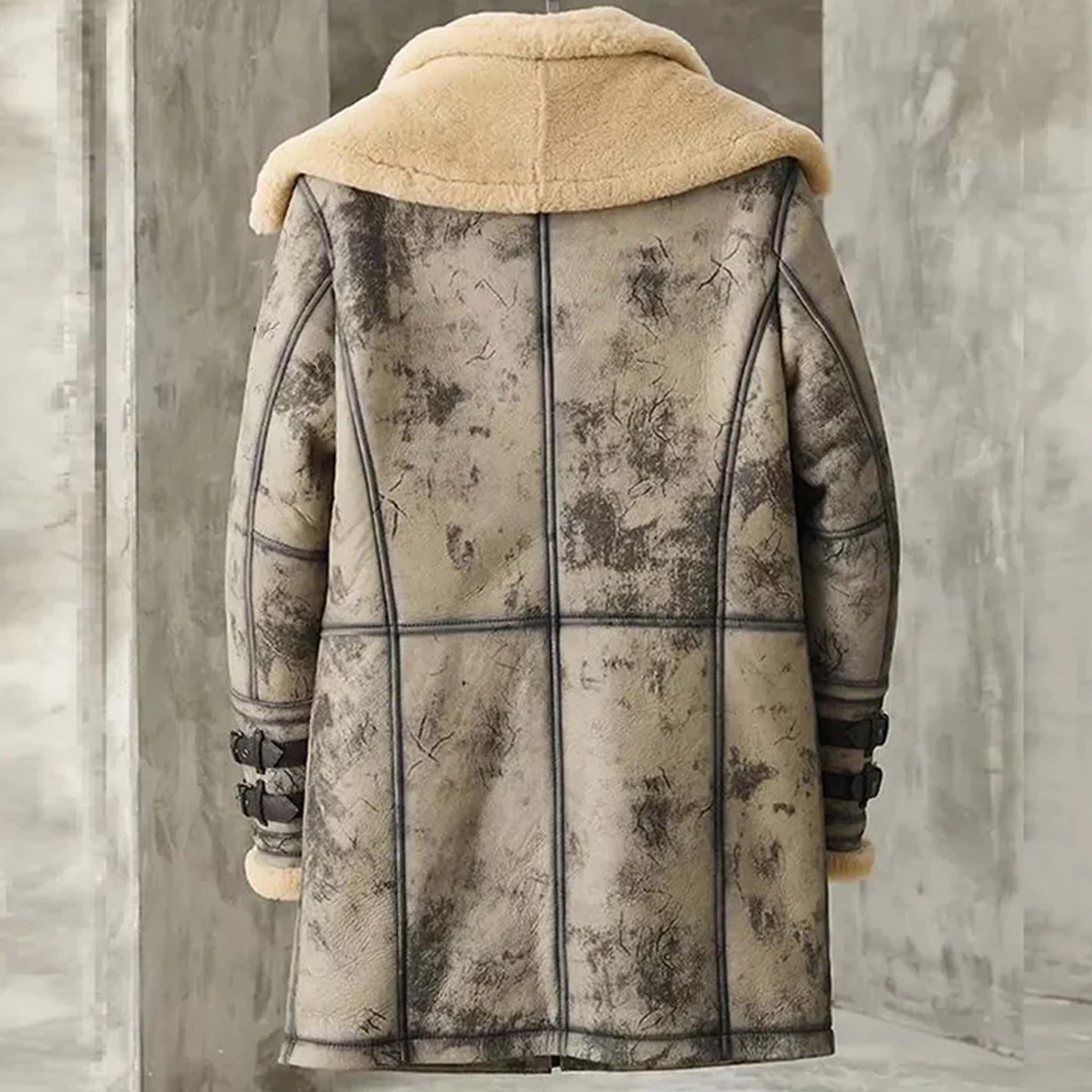 Rebel Men’s Waxed B3 Shearling Long Coat - RAF Double-Collar Flying Jacket