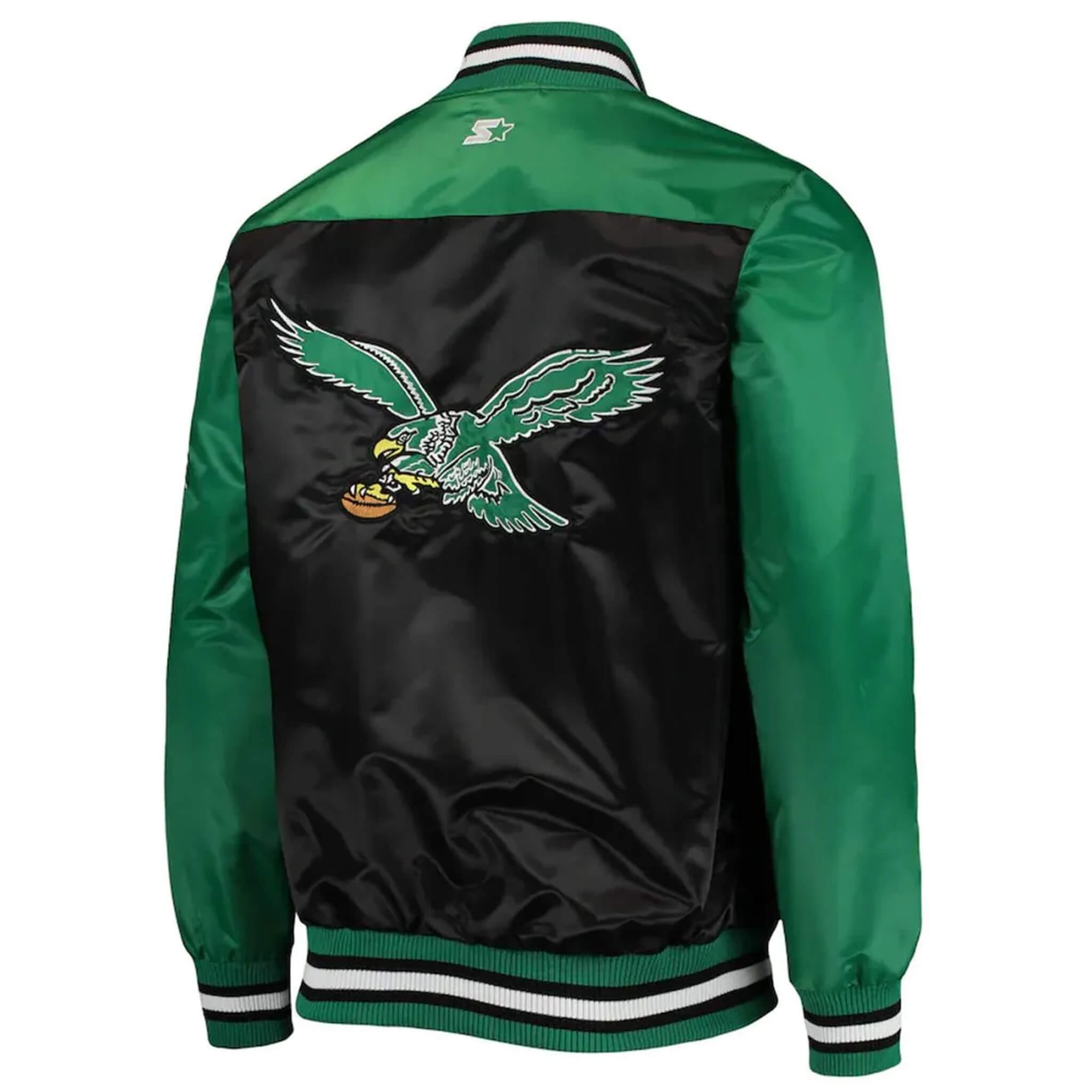 Official NFL Philadelphia Eagles team jacket featuring bold embroidered patches, snap-button closure, and rib-knit trim for a vintage look.