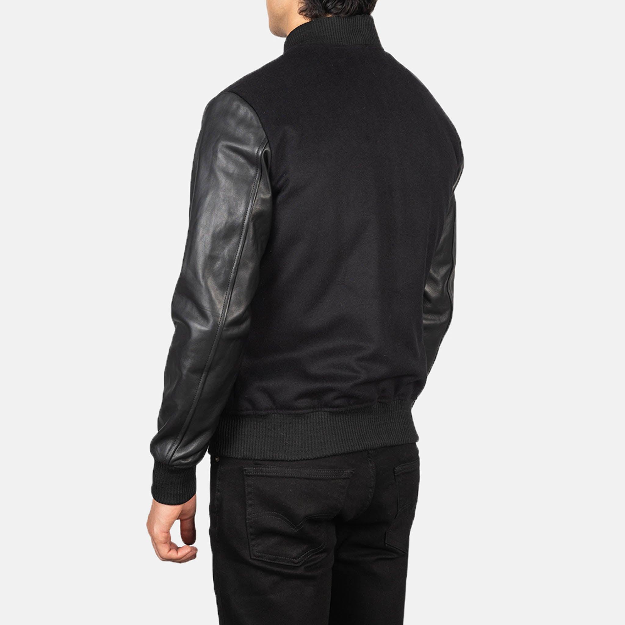 Baxton Hybrid Varsity Jacket – Black Wool & Leather Sleeves Striped Edition